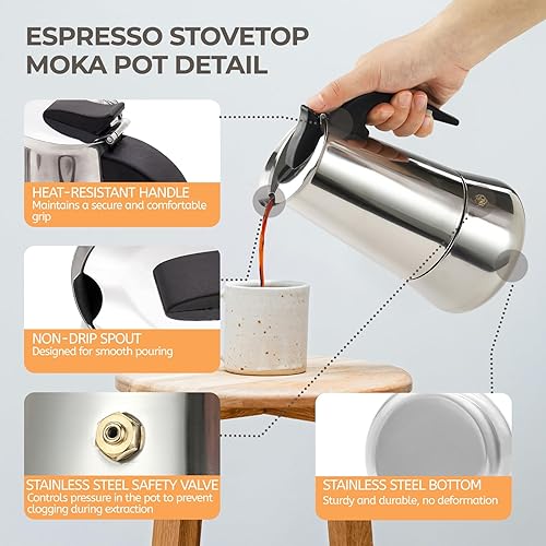 Miniatura 4 de Cafetera Moka de acero inoxidable, 9 tazas de 450ml (15.2 fl oz), cafetera de café expreso para estufa, cafetera estilo clásico italiano, Greca