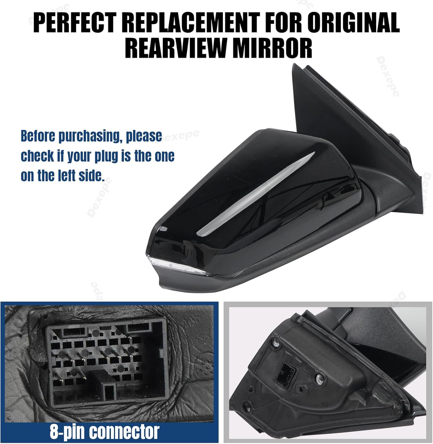 Passenger Side Mirror Assembly 2018-2024 Compatible with Chevy Equinox GMC Terrain Heated with Turn Signal, Blind Spot Monitor, Power Adjustable Replace 84225386, 84404685 Black (8Pin Right)