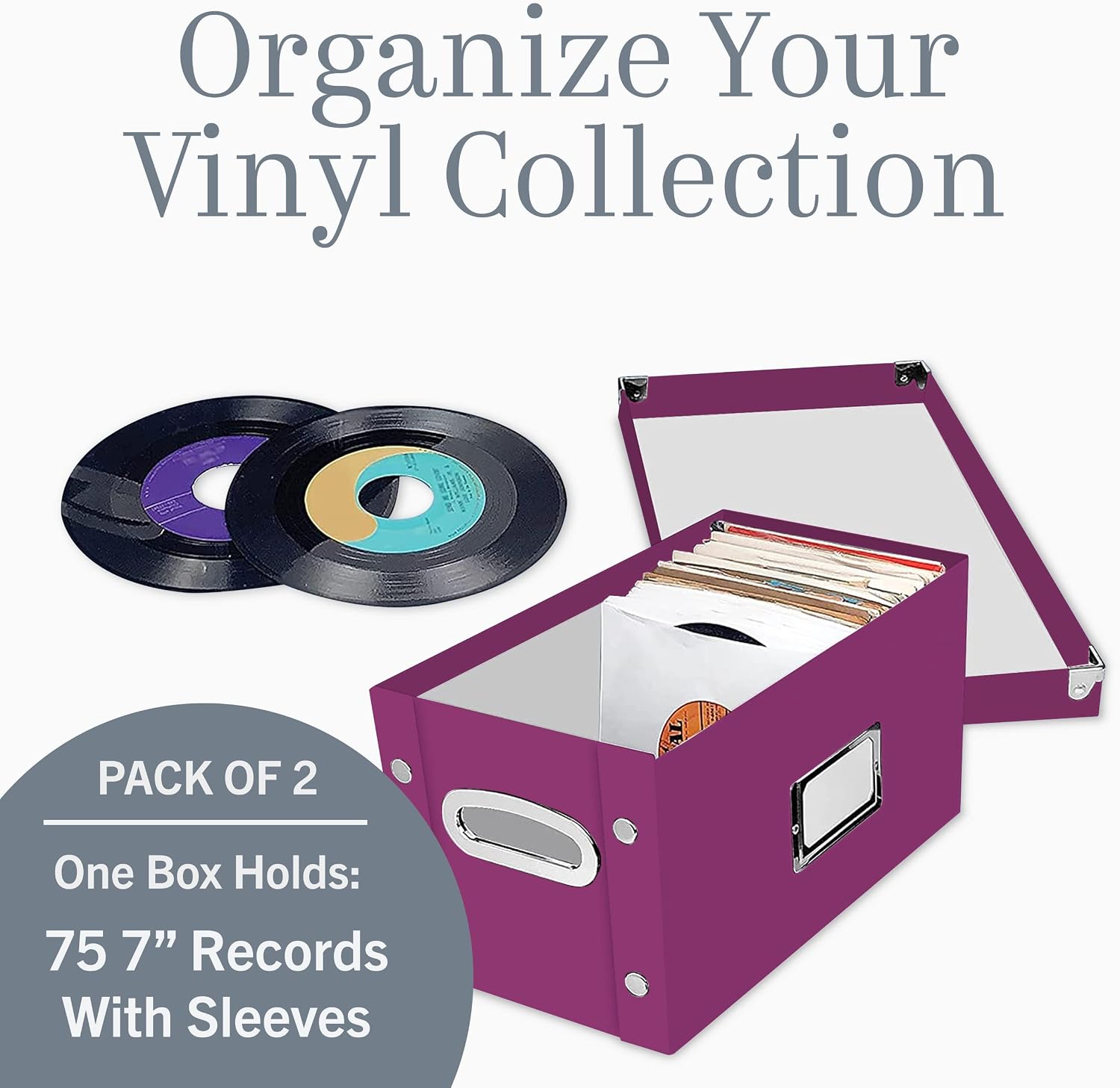 Snap-N-Store Vinyl Record Storage Box - Pack of 1-8.25 x 7.5 x 14.5 Inch LP Holder with Lid for 7-inch Records - Crate Holds up to 75 Vinyl Albums - Berry