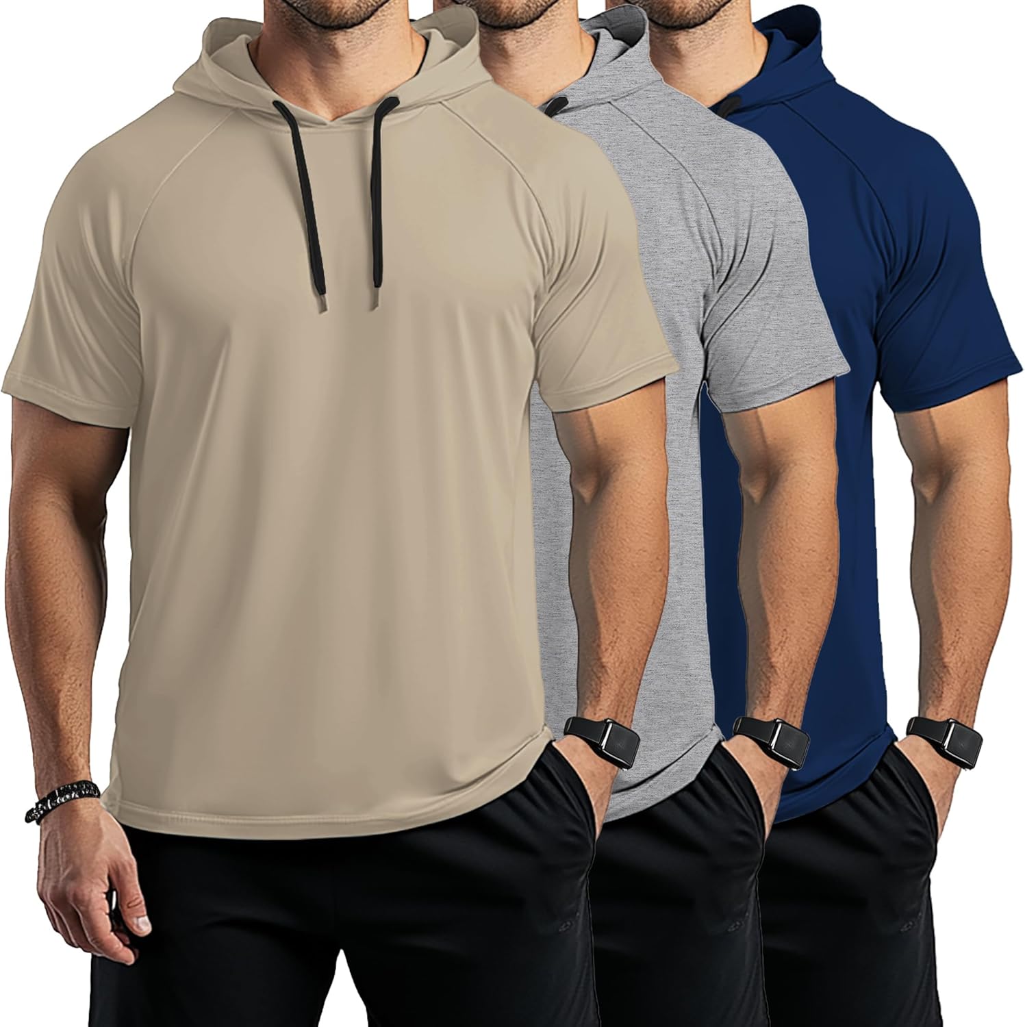 Ficerd 3 Pack Big and Tall Men's Hoodie Short Sleeve Workout T Shirts Casual Running Athletic Pullover Sweatshirt