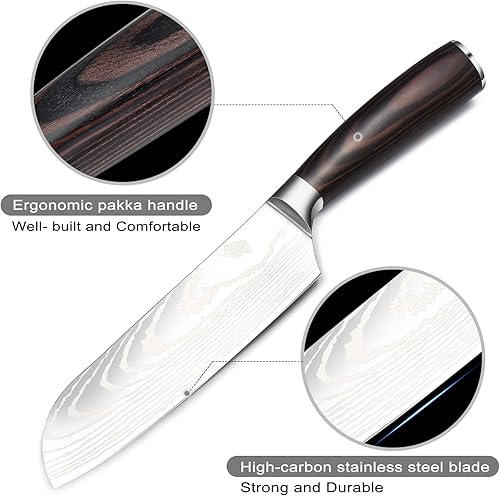 Miniatura 4 de Imrsanl Cuchillo Santoku de 7 pulgadas, cuchillo de cocina de acero inoxidable alemán de alto carbono, cuchillo de chef asiático multiusos para el