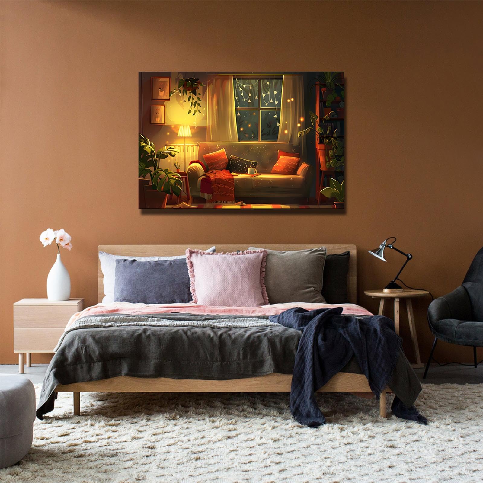 UIRINGART Hiver Chaud Maison Toile Toile Art Nouvel An Décoration Murale Oeuvre d’art Affiche Vert Plantes Peinture sur toile pour étude Chambre Salon 50x80cm Cadre intérieur