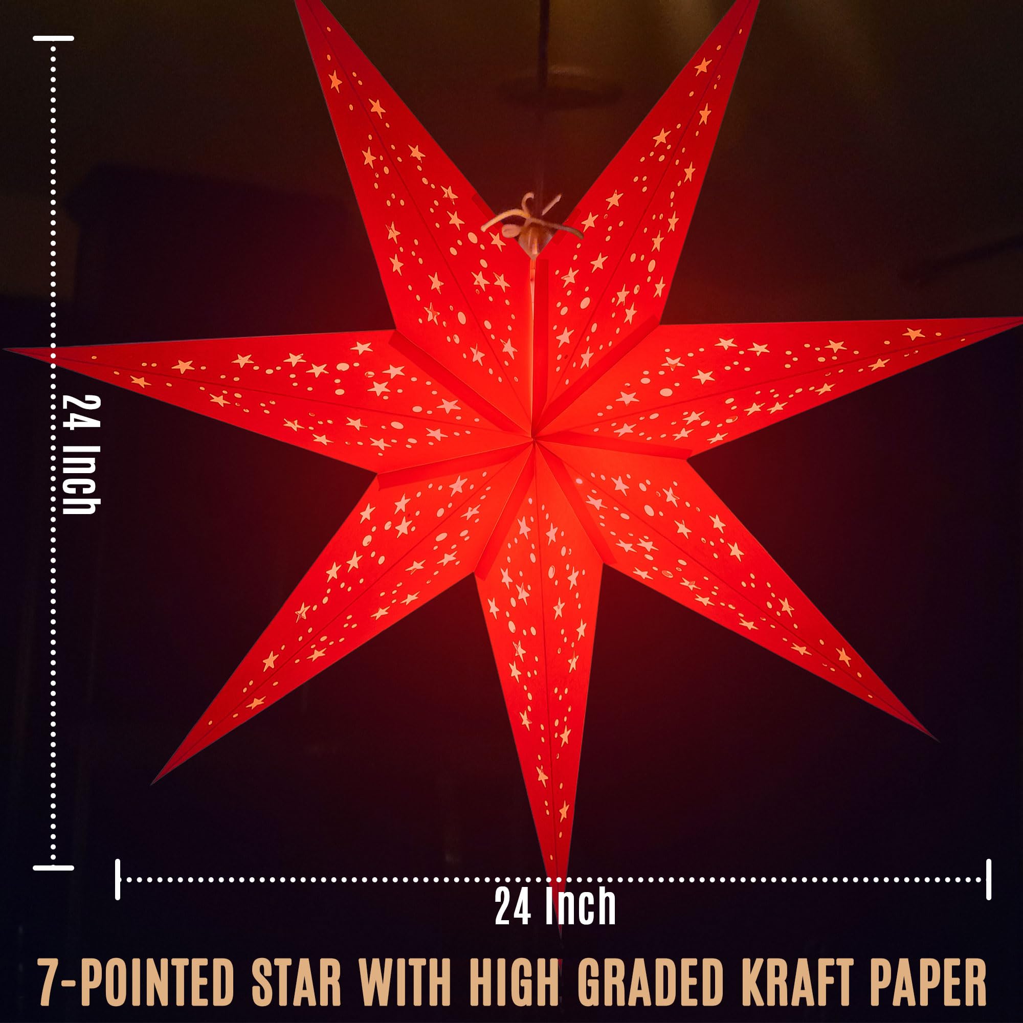 GalaxyArts Papierowe lampiony w kształcie gwiazd, 61 cm Naxatra (białe średni), świecące, drążone, 7 szpiczastych gwiazd, wisząca lampa, dekoracja na ślub, święta, urodziny, przyjęcie, Boże Narodzenie