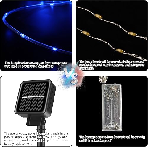 Miniatura 5 de PINPON Paquete de 2 luces solares de 66 pies, 8 modos de iluminación, 200 LED IP65, impermeables, alimentadas por energía solar, para jardín,