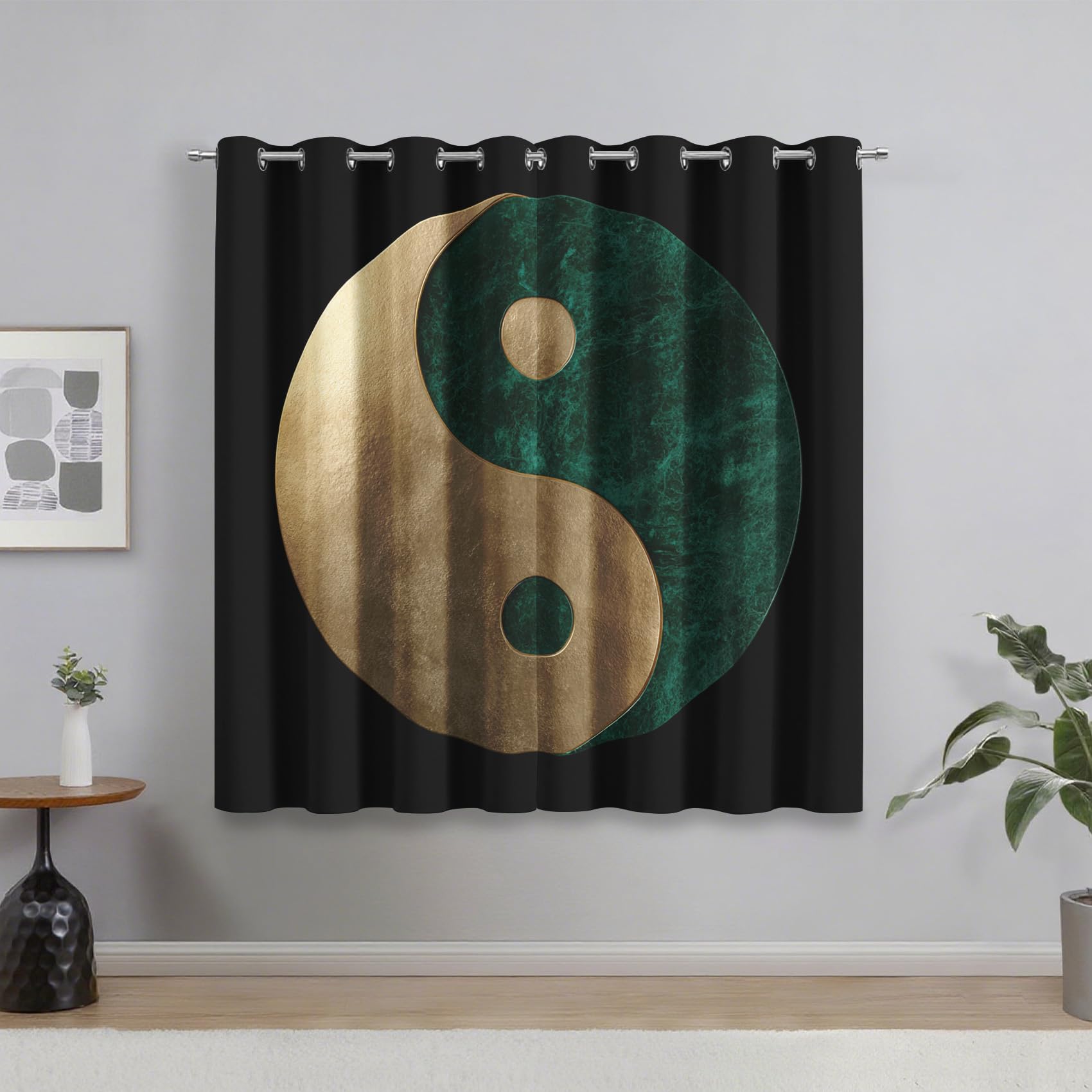 Rideau occultant marbre vert or Yin Yang 140x200cm pour chambre et salon
