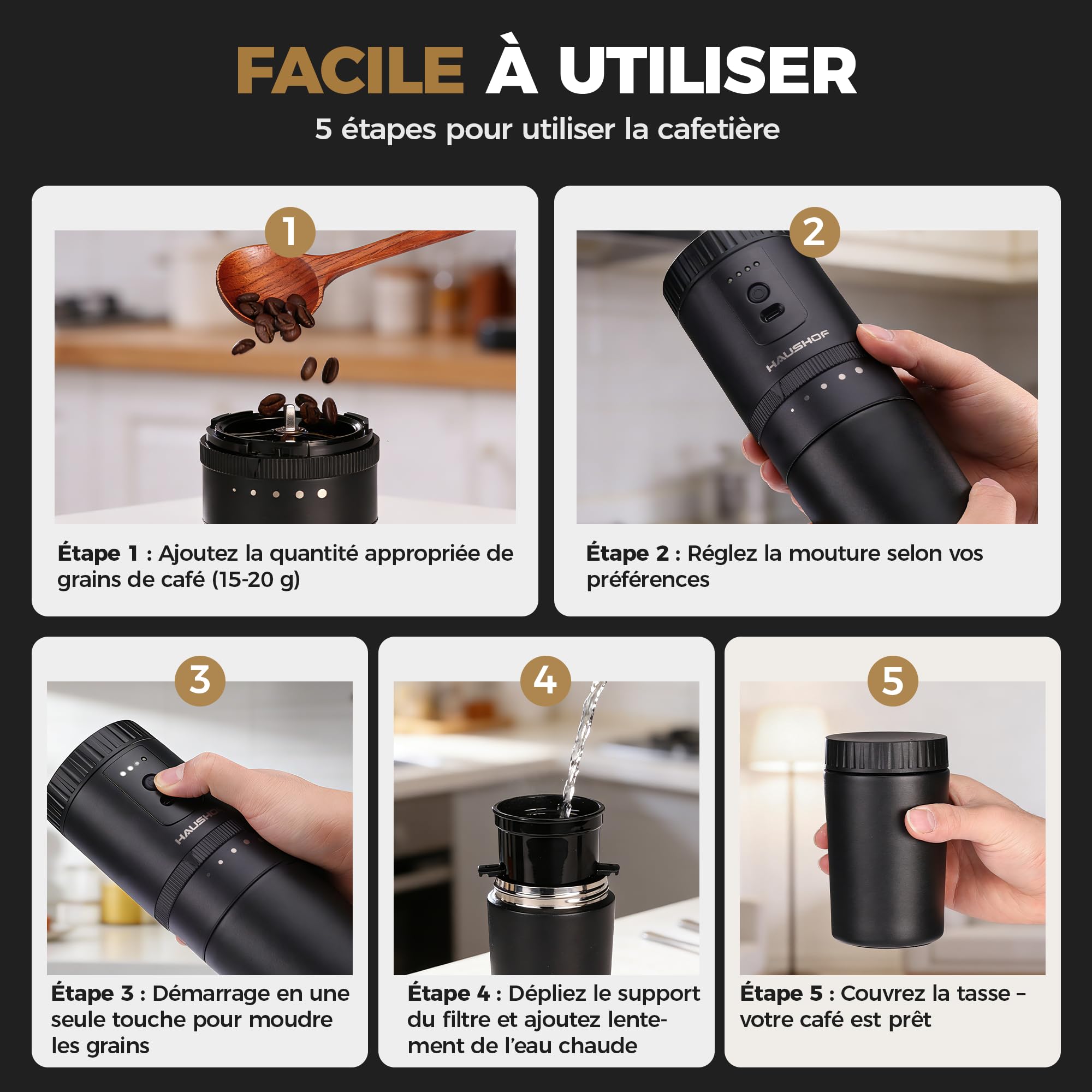HAUSHOF Machine à Café Portable Tout-en-Un avec Broyeur Intégré, 5 Réglages de Mouture, Rechargeable USB-C, Mug Isotherme 300 ml, Idéale pour Voyage et Camping, Noir