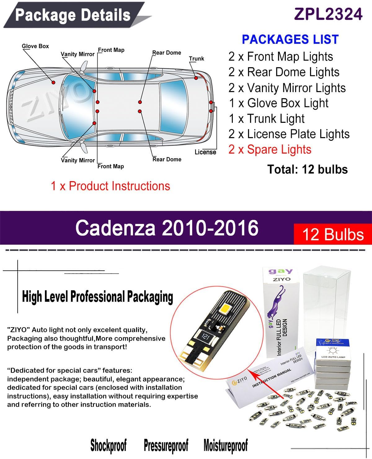 ZIYO ZPL2324- (12 Bulbs) LED Interior Light Kit Replacement for Kia Cadenza 2010-2016 + License Plate Light Bulbs Package, Xenon White Dome Lights Upgrade