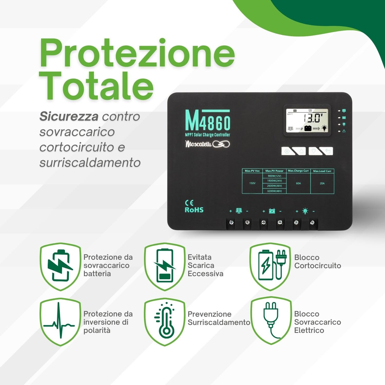 MOSCATELLI 60A Regolatore di Carica Pannello Solare MPPT – Compatibile con Batterie 12/24/36/48V Piombo, AGM, Gel e Litio – Ideale per Impianti Off Grid e Reti Isolate