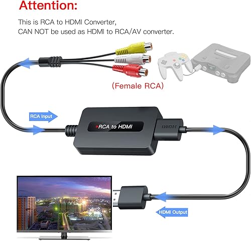Miniatura 4 de Convertidor de cable RCA a HDMI hembra con cables HDMI y RCA, convertidor compuesto AV a HDMI CVBS, interruptor de salida Full HD 720P/1080P