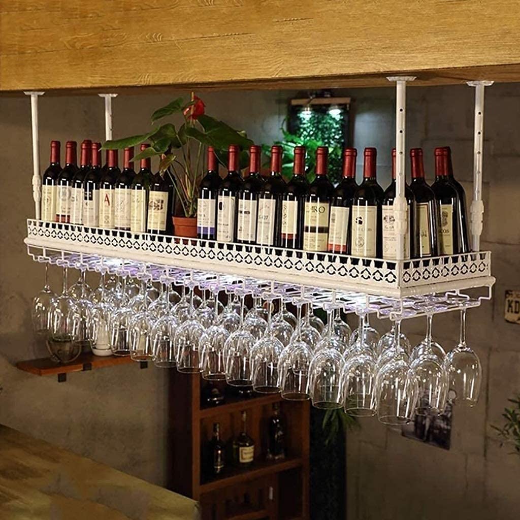 Support de verre à vin suspendu plafond blanc 80cm pour verres de prestige