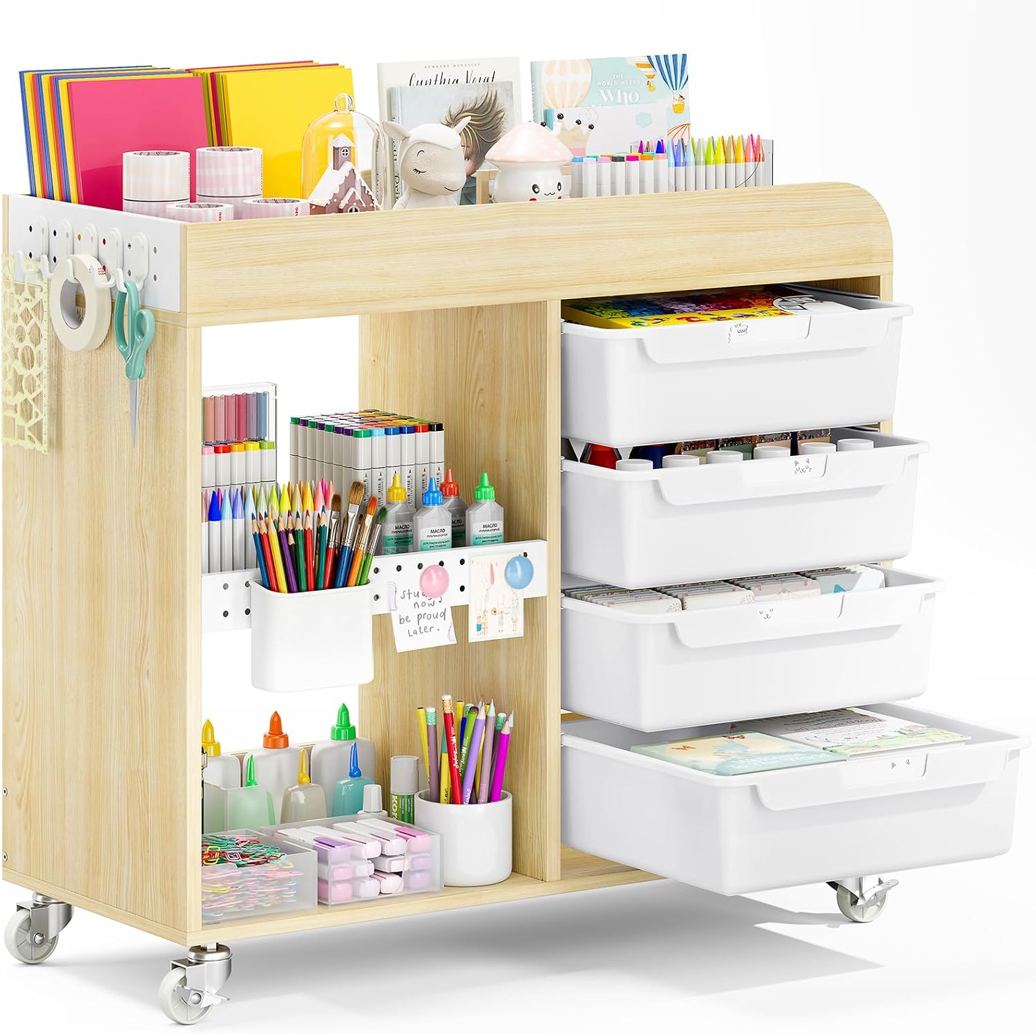 SYKIARIOL Craft Organizers and Art Supply Storage, Art Cart, Classic White | Rolling Cart with 4 Drawers & Metal Pegboard, Cute Macaron...