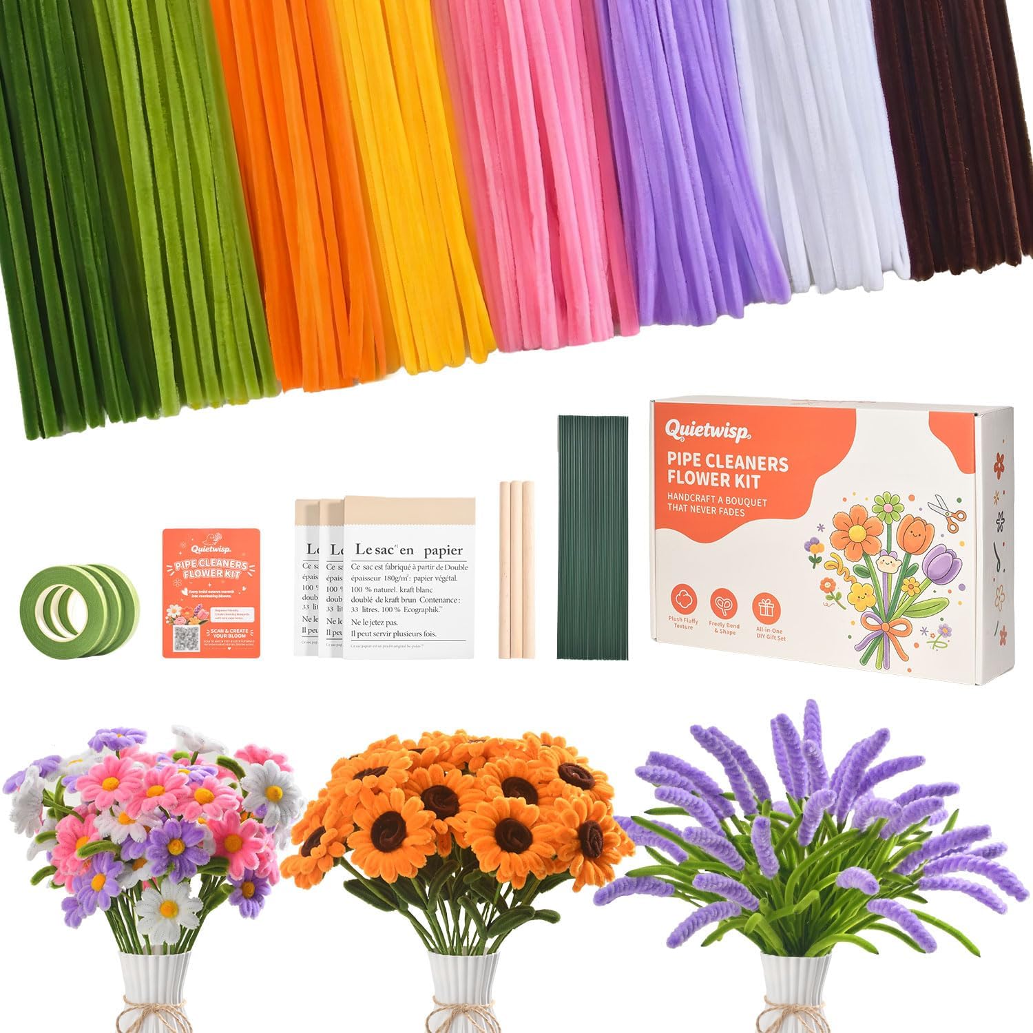 Quietwisp Pipe Cleaners Craft, 720 PCS 8 Colors Pipe Cleaner Flower Kit