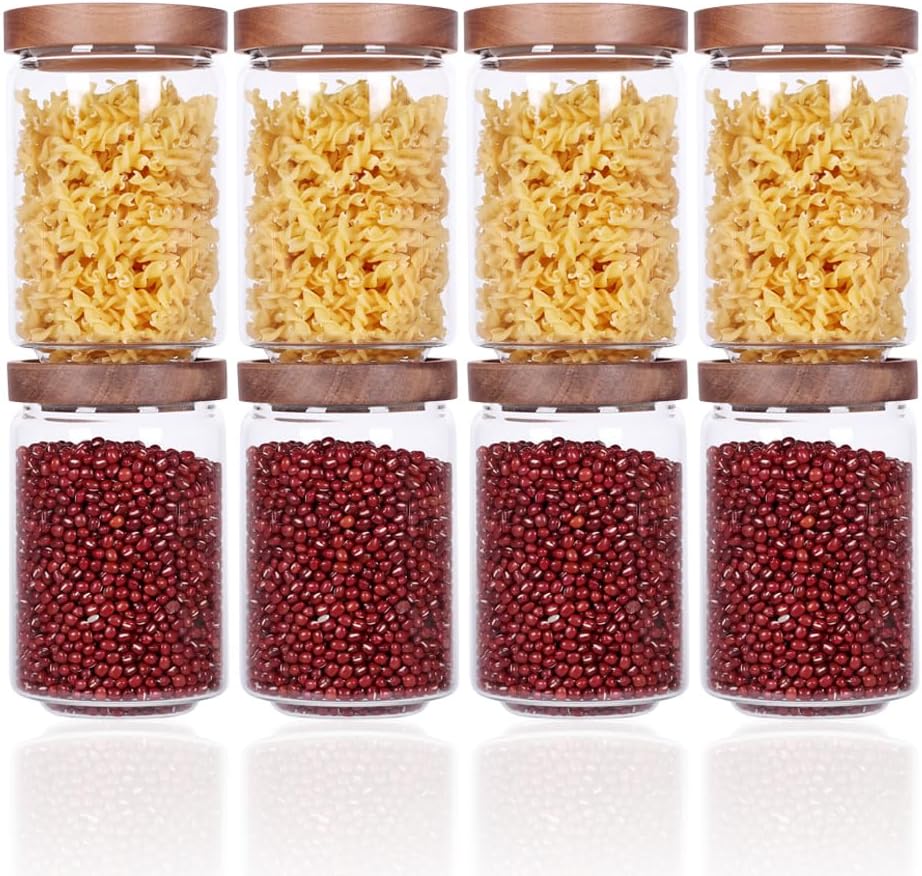 SAIOOL Stackable Kitchen Canisters Set of 8,High Borosilicate Glass Cylinder Airtight Food Storage, sort out the tea, flour, candies, grain easily and clearly