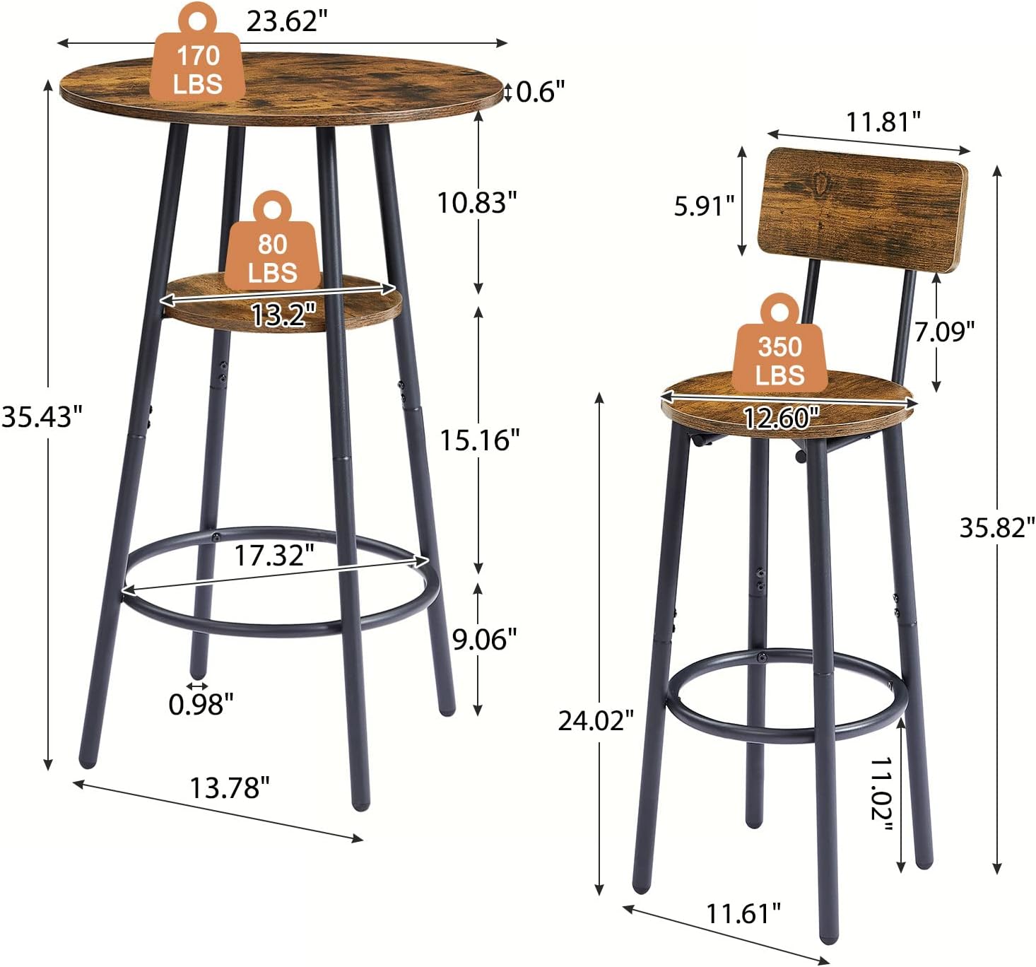 KIVENJAJA Bar Table and Chair Set for 2, 3 Piece 2-Tier Small Round Pub Table & Stools with Backrest, Counter Height High Top Bistro Set for Kitchen Dining Room Breakfast Nook, Rustic Brown