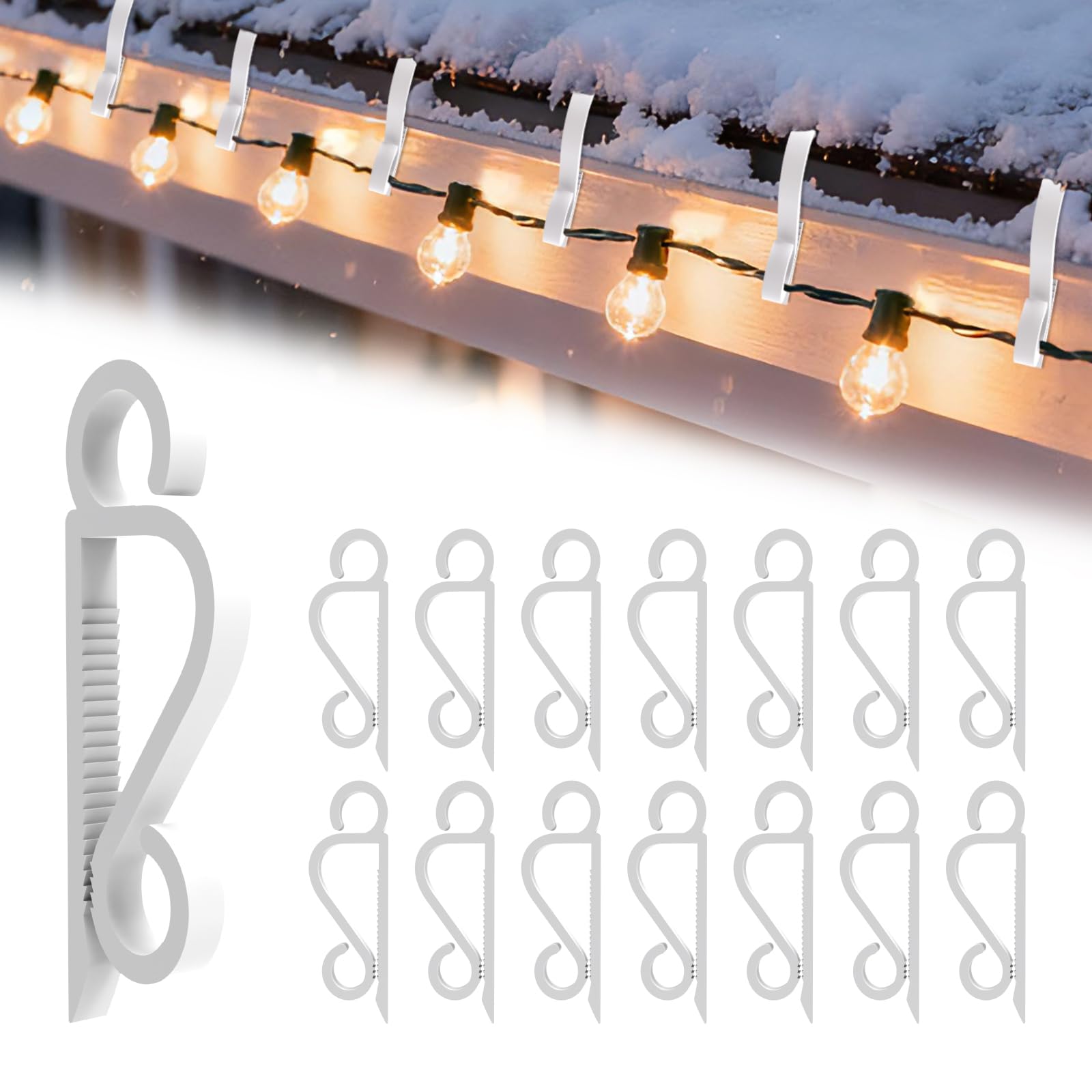 cshare Gutter Hooks for Christmas Lights, 60 Pcs Double Holder Gutter Clips for Roof Windows Hanging Outside String Lights, Icicle Fairy Light, Christmas Tree Decorations-White