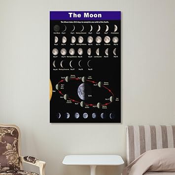 The Moon Poster Educational Moon Phases Poster Canvas Wall Art Aesthetic Decorative Painting Living Roomstyle 12x18inch(30x45cm)