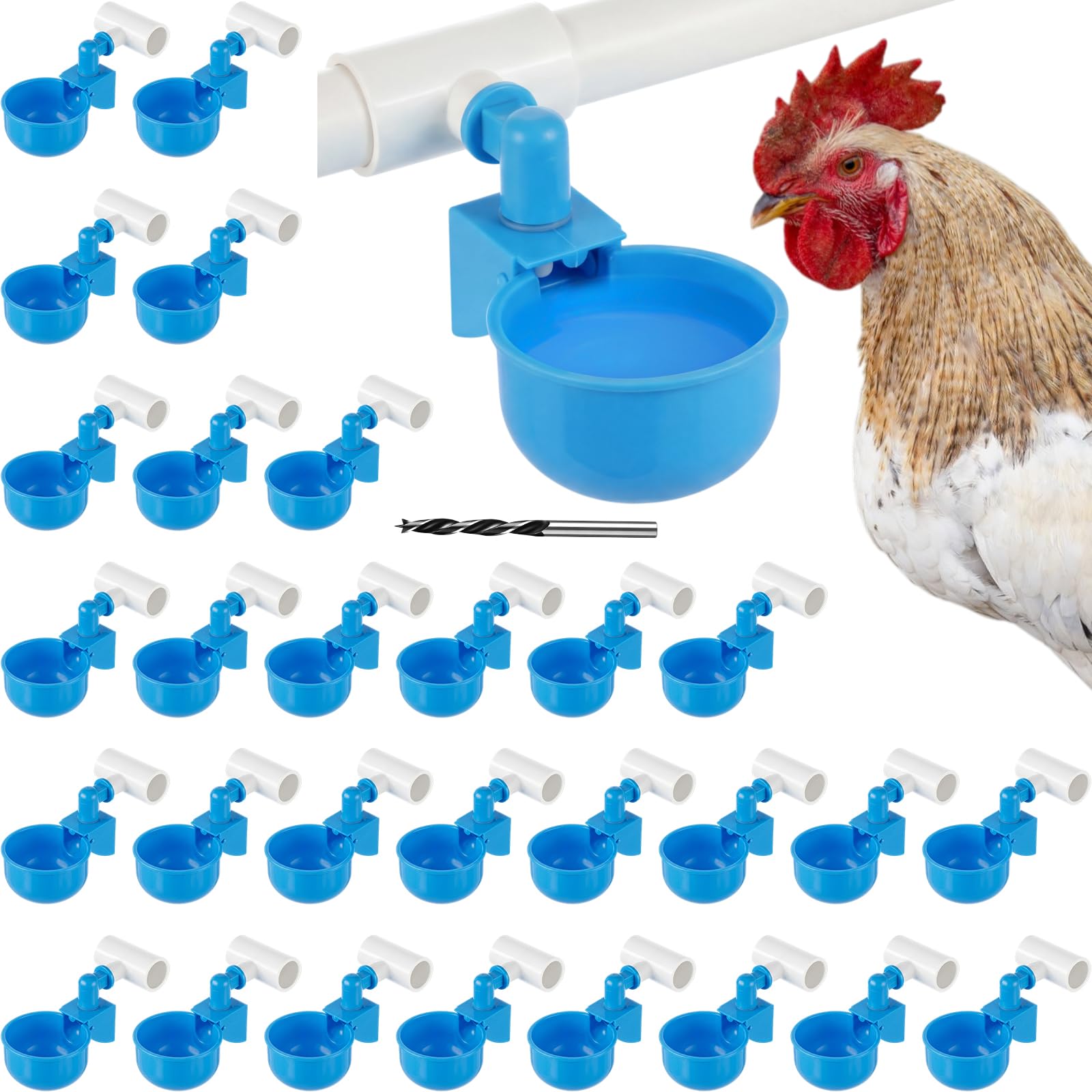 LemonRoad Juego de 30 vasos automáticos para bebederos de pollo con cuenco de 1/2 pulgada de PVC para beber, abridor de agujeros de montaje para aves de corral, dispensador de agua para pato, ganso