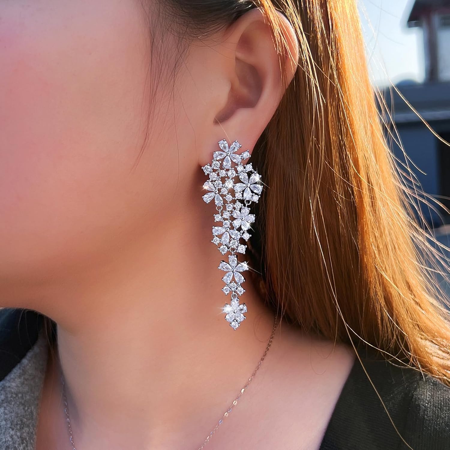 Cluster Flower Drop Dangle Earrings, Long Big Wedding Banquet Jewelry for Women, Clear White Cubic Zirconia, Bridal Party Accessories