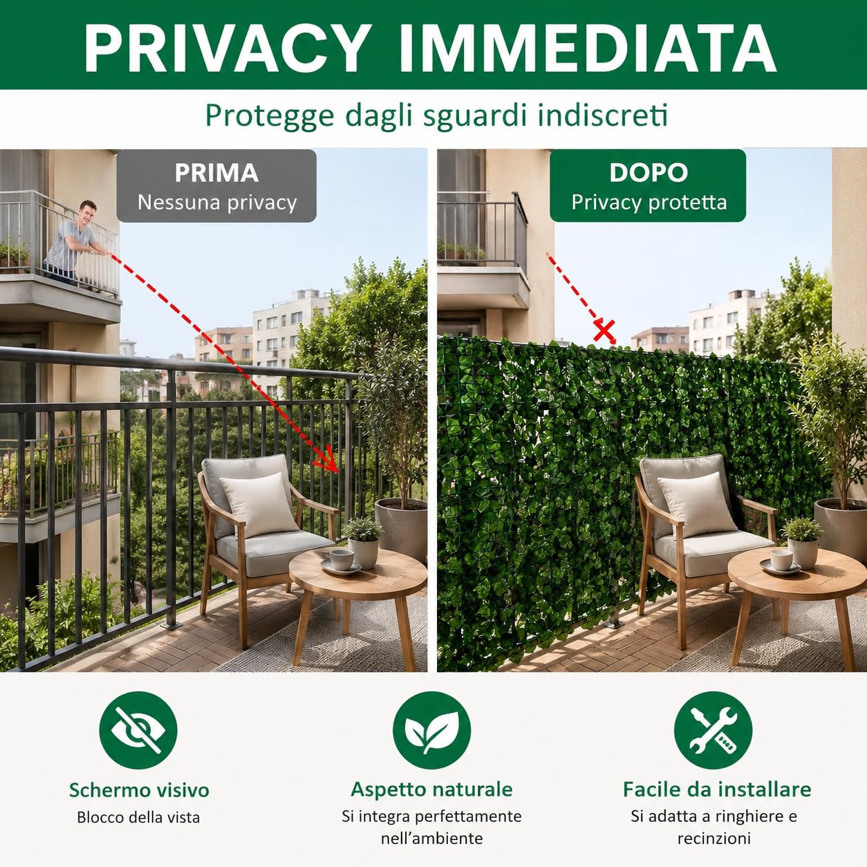 Siepe Artificiale 1x3 m, Siepe Finta Frangivista per Balcone e Giardino, Rete Privacy con Foglie di Edera Artificiali, Copri Ringhiera Decorativo per Recinzione Esterno, Verde