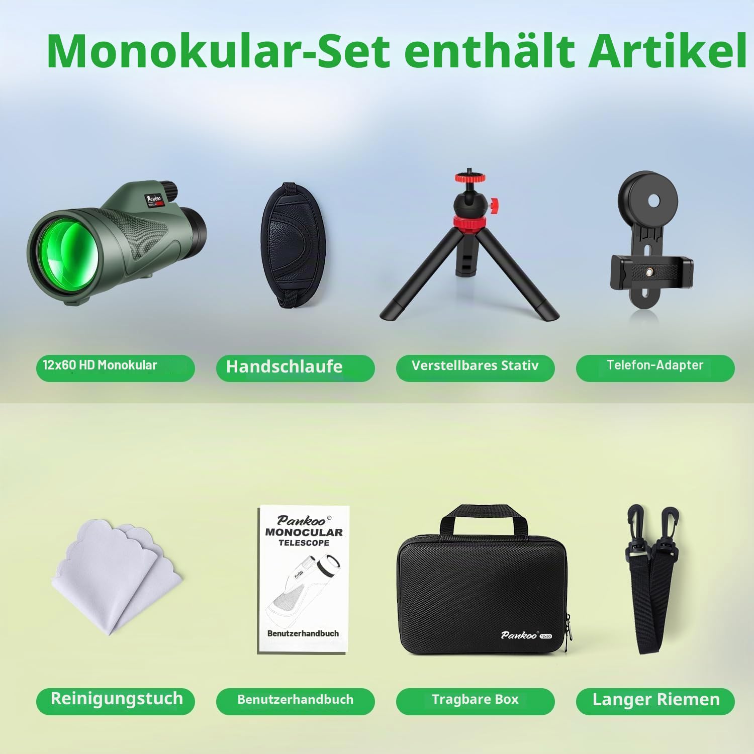 Pankoo Monokular für Erwachsene, 12 x 60, Hochleistung, Monokular-Teleskop für Wildtiere, Vogelbeobachtung, Jagd, Camping, Reisen, Sekenery mit Smartphone-Halterung und Stativ