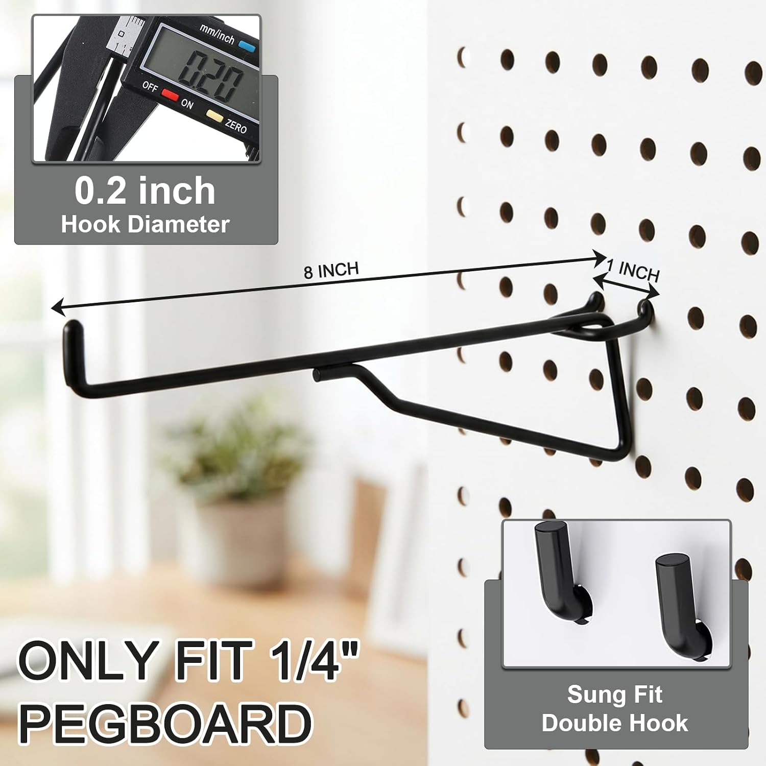 20 Pack 8" Pegboard Shelf Hooks, 1/4 in Secure&Stable | Peg Board Organizer Accessories, Display and Storage Rack Shelves and Baskets Brackets for Garage Workbench Art Craft Office