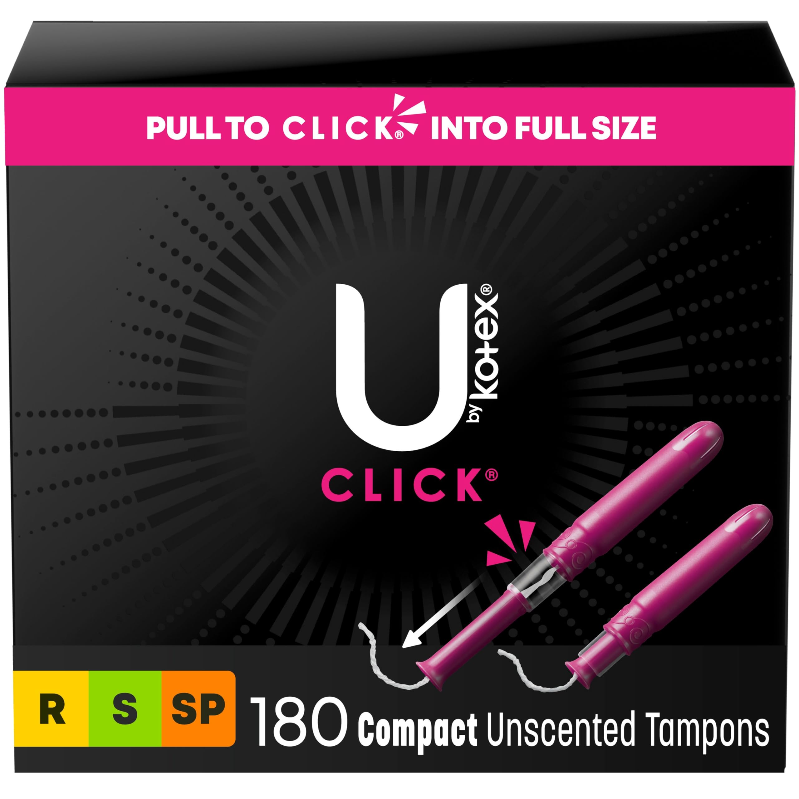 U by KotexClick Multipack Tampons, Compact, Regular/Super/Super Plus Absorbency, Unscented, 180 Count (6 Packs of 30) (Packaging May Vary)