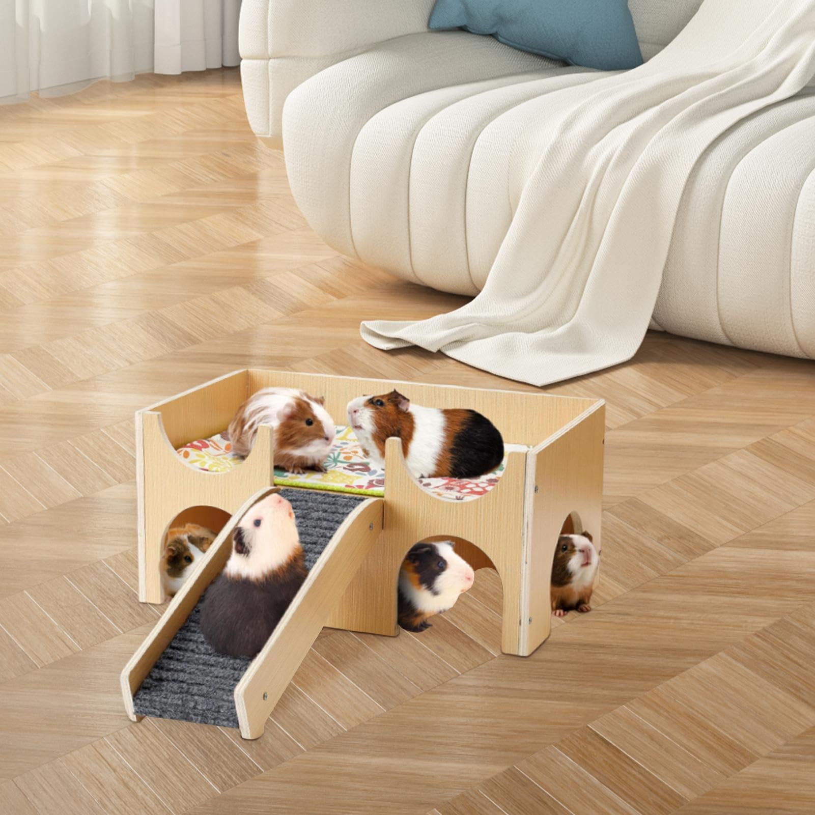 Hábitat para Roedores Casa de Madera de Dos Pisos Desmontable | Pequeño Hogar para Ratones y Garbancillos para Anidar, Dormir, Jugar, Enriquecimiento, Cría, Conejillos de Indias y Erizos