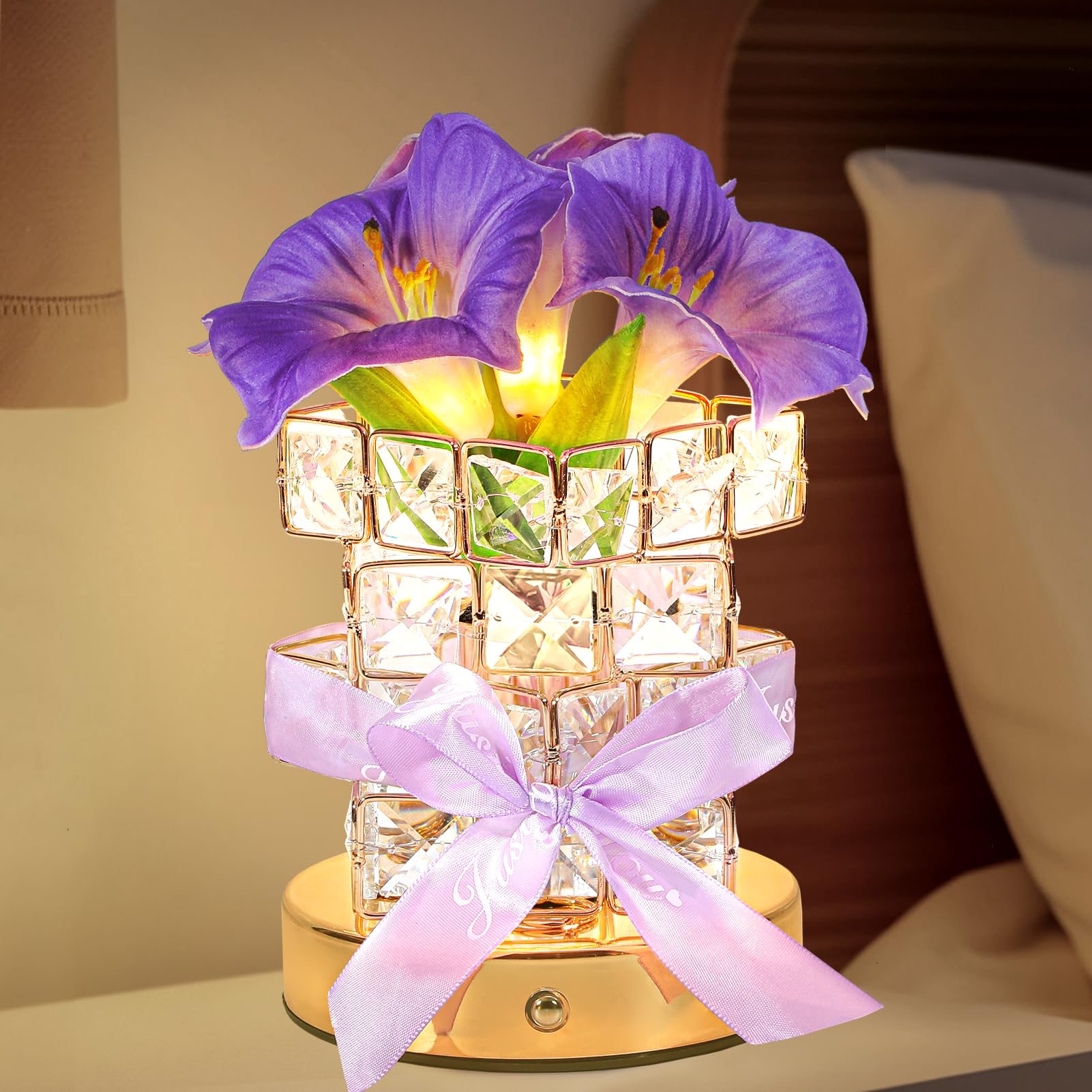 Purple Morning Glory Flower Table Lamp Artificial Flowers Birthday Gifts for Women Mom Grandma Sister Rechargeable Battery Powered