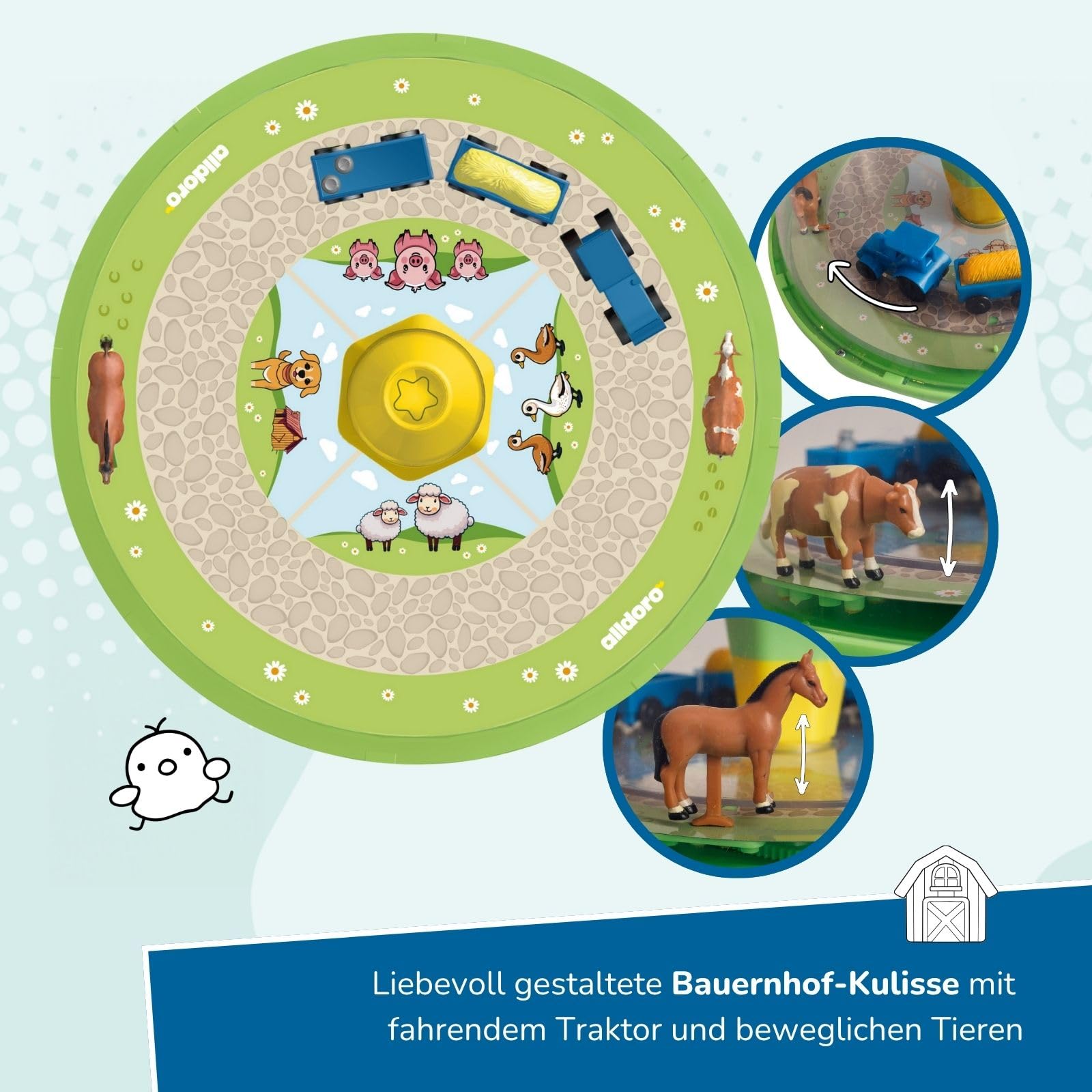 alldoro 16802 68020 Trottola con trattore e rimorchio in movimento, due animali in movimento e suoni realistici, batterie incluse, per bambini dai 18 mesi in su
