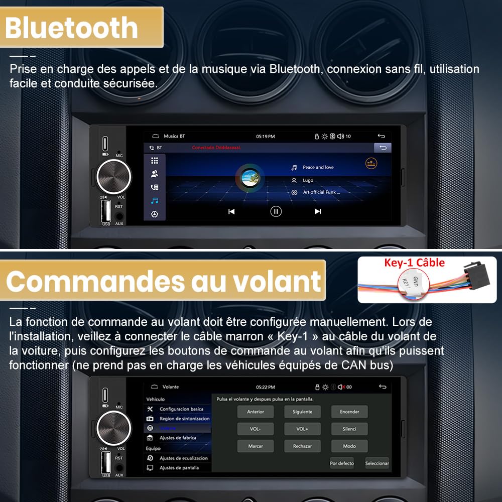 Junsun Autoradio 1 DIN Écran Tactile 6,36" avec CarPlay & Android Auto, Bluetooth, GPS, FM, Charge Type-C, 2 USB, Microphone, Égaliseur, Commandes au Volant