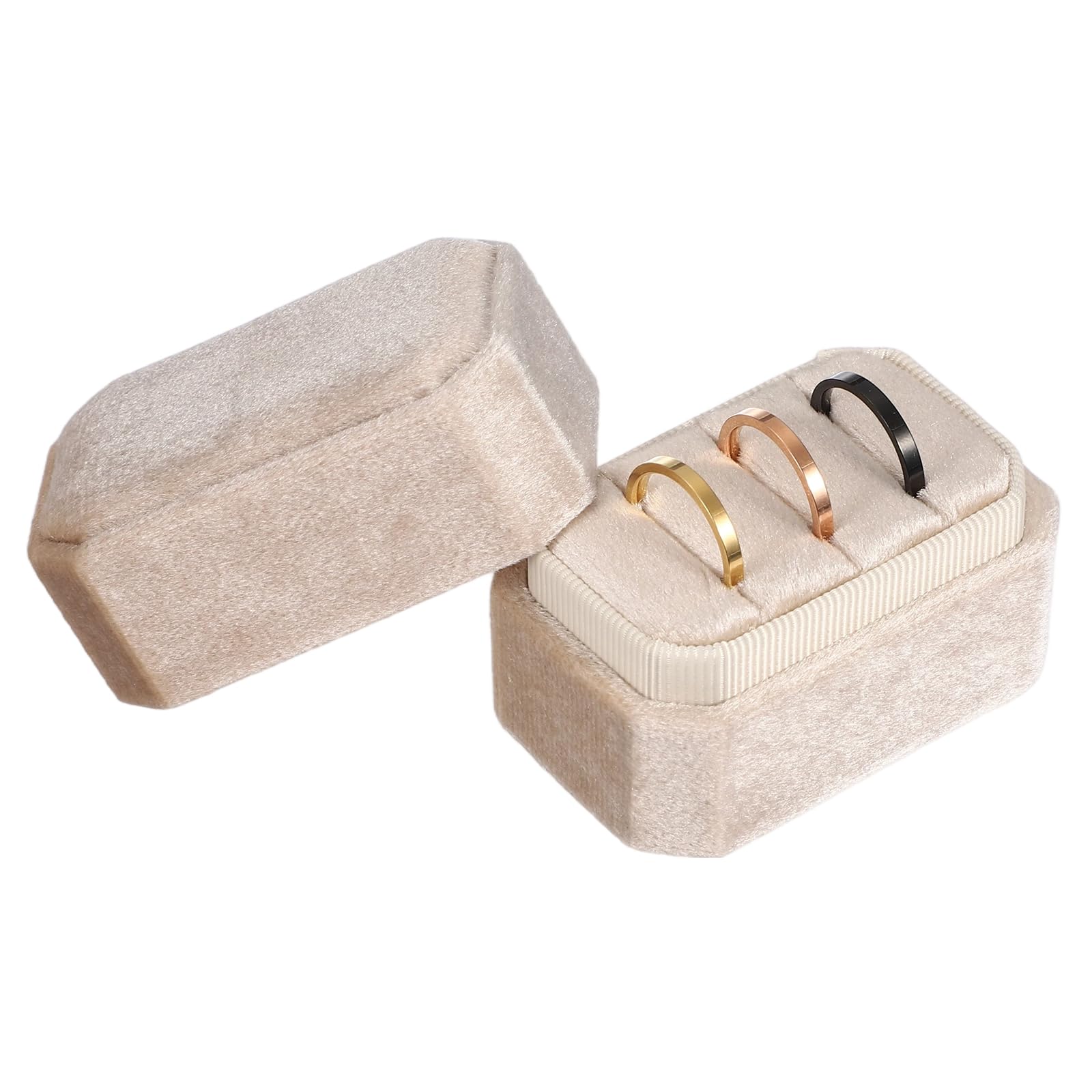 Boîte à bagues en velours abricot à 3 emplacements pour écrin de mariage