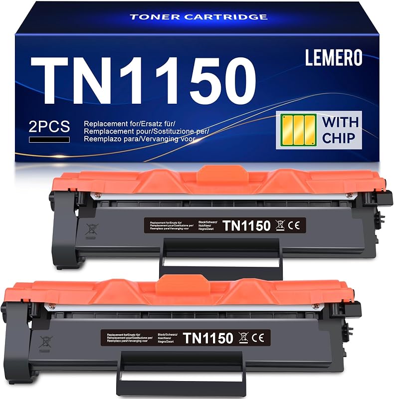 Lemero TN1150 Tóner Compatible con Brother HL-L1240W DCP-L1640W DCP-L1660W – Recambio para TN-1150 Negro con Chip – 2X 1000 Páginas (2000 Totales) Pack de 2