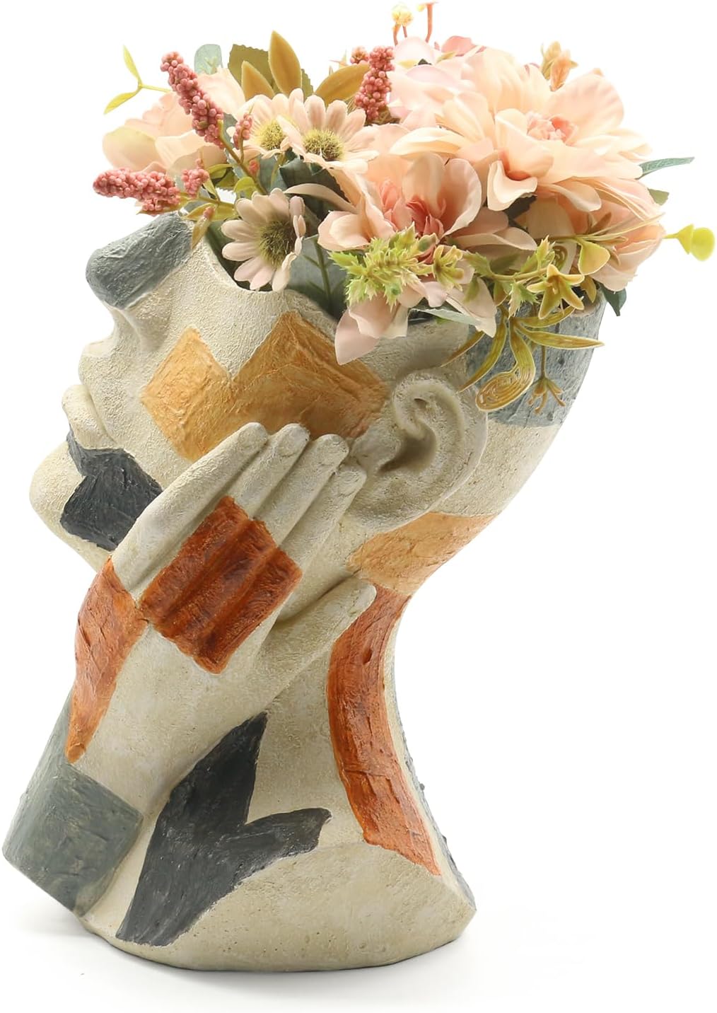 Lukitas Abstract Face Planter, Faux Sandstone Decorative Face Vase, Colorful Artistic Flower Plant Pot for Garden Patio Living Room, Resin 10.5''