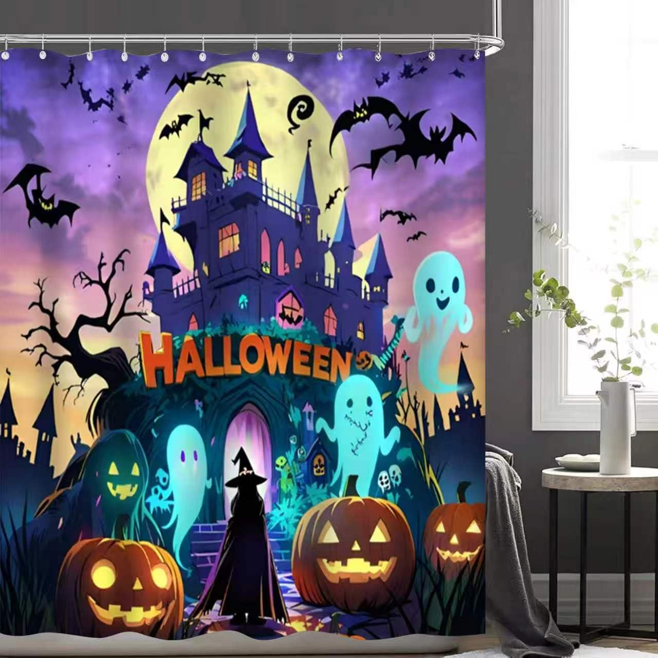 NBVKO Halloween Purple Castle Pumpkin Waterproof Shower Curtain,with Non-Slip Rugs,Toilet Lid Cover and Bath Mat,Bathroom Decor Accessory Set