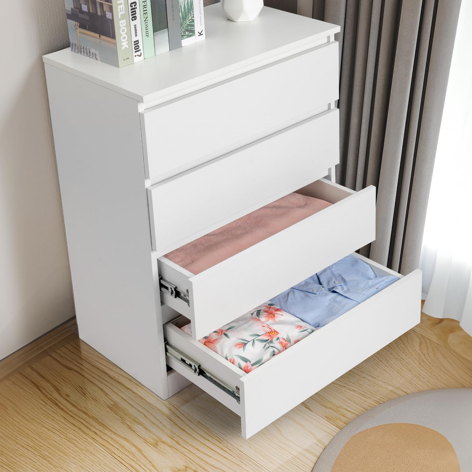 Bonnlo Kommode Weiß mit 4 Schubladen – Moderner, Stabiler Schubladenschrank, Sideboard, Nachttisch mit viel Stauraum aus P2-Holz, 60 x 38 x 78 cm, für Wohnzimmer, Schlafzimmer, Flur oder Büro