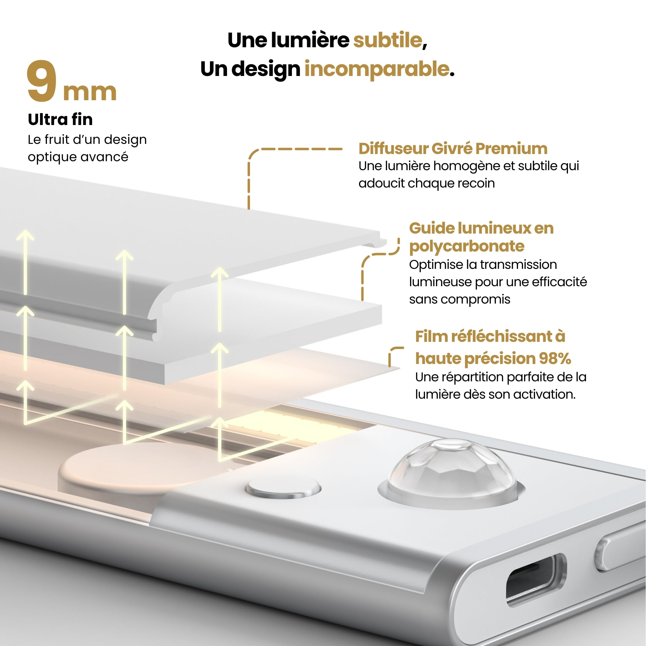 Lumic Mouvement 3.0 Réglette LED Sans Fil à Détecteur de Mouvement Rechargeable USB 3 Couleurs D'Éclairage Batterie Longue Durée 40cm