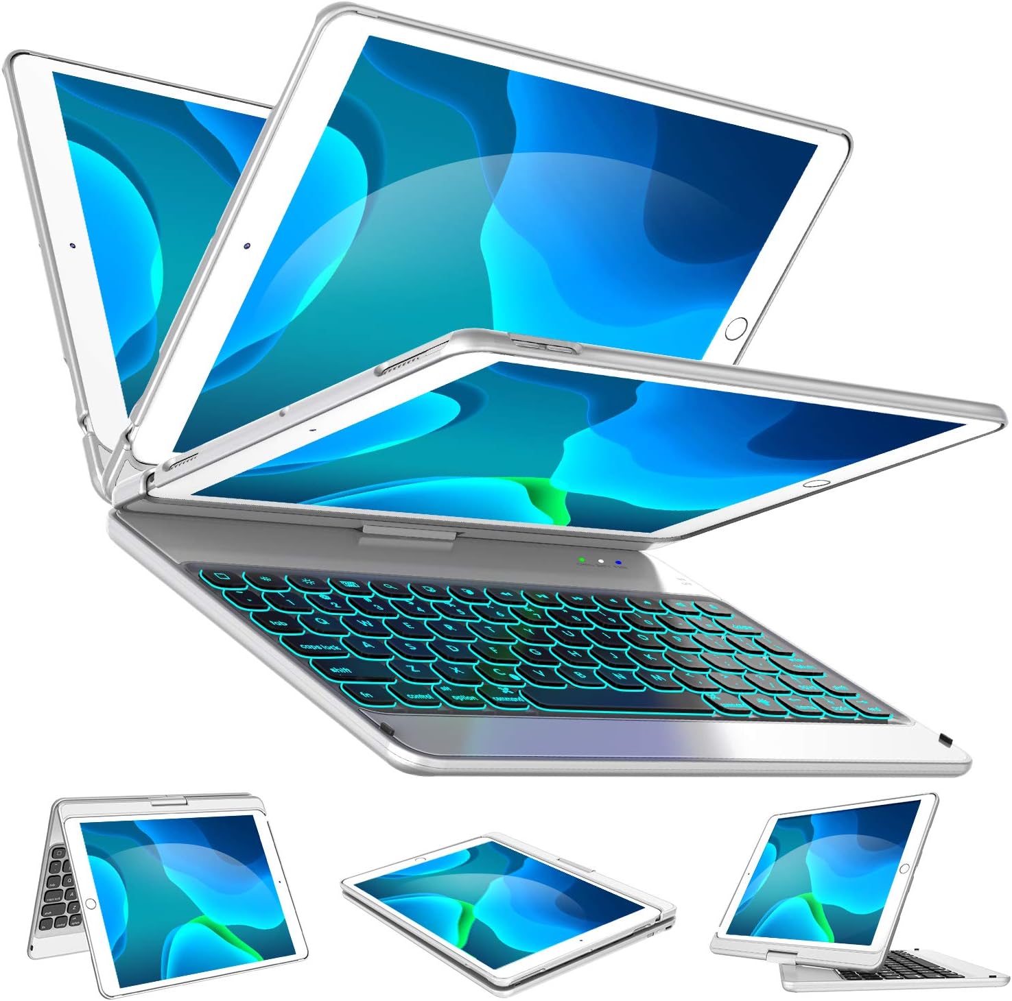Keyboard Case for 8th Generation (2020 10.2 inch), 7th Generation, Air 3, Pro 10.5 Compatible - 7 Color Backlit - 360 Rotatable/7 Modes - Slim Wireless Keyboard with Folio Hard Back Cover, Silver