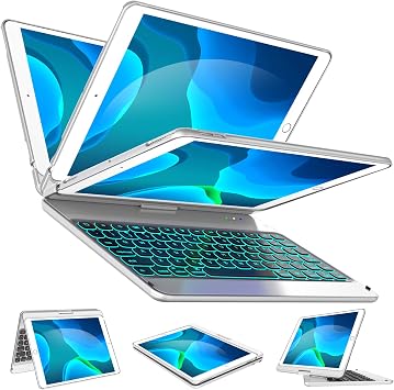 Keyboard Case for 8th Generation 2020 10.2 inch, 7th Generation, Air 3, Pro 10.5 Compatible - 7 Color Backlit - 360 Rotatable/7 Modes - Slim Wireless Keyboard with Folio Hard Back Cover, Silver
