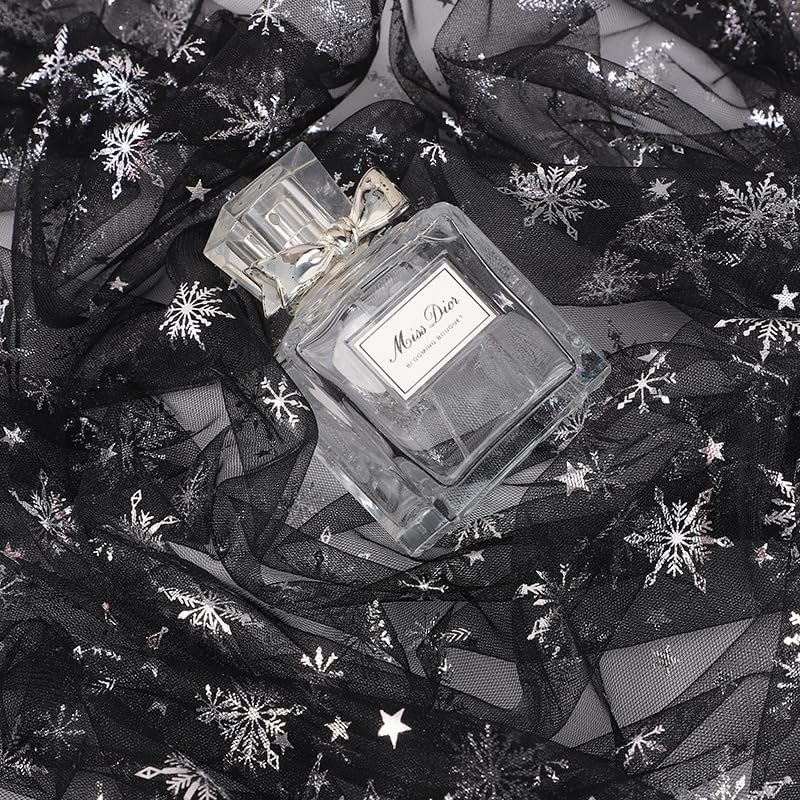 Snowflake Tulle Fabric for Christmas Crafts | Soft Nylon Organza | Winter Wonderland Sheer Mesh Ribbon for Tutu Skirts, Gift Wrapping & Holiday Party Decoration（Black，39x59ines） — view 2