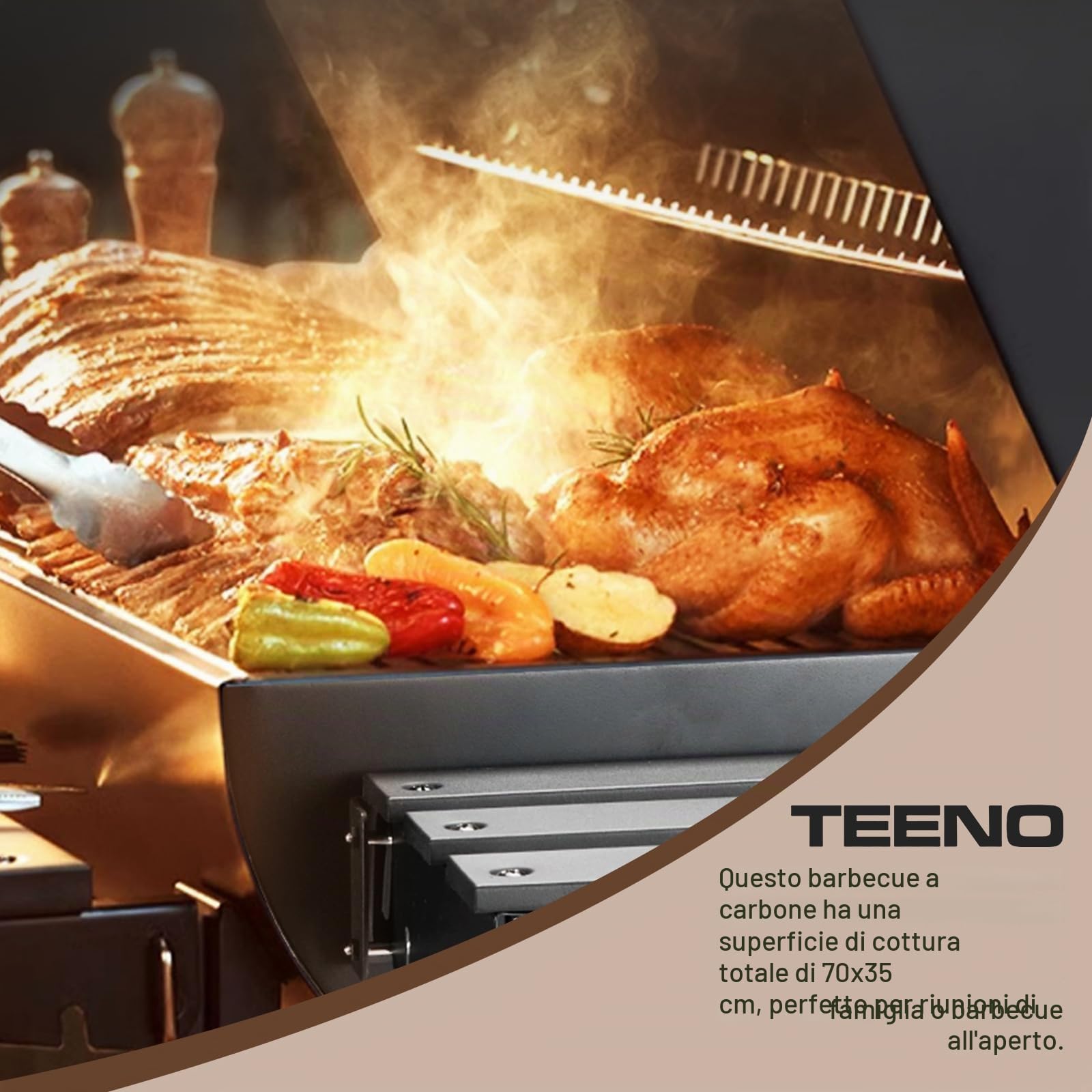 TEENO Grill XXL a carbone di legno, carrello per barbecue con griglia di pollo, barbecue a carbone con coperchio per giardino, terrazza, campeggio