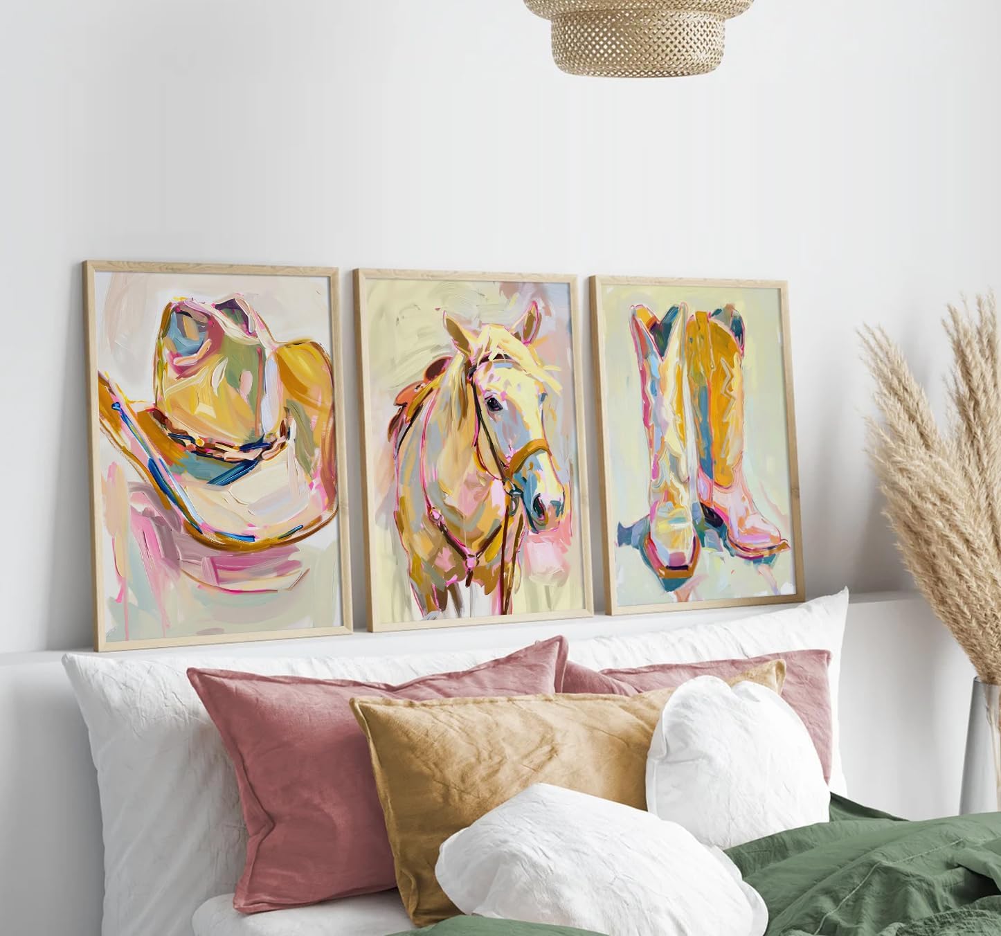 3Pcs Cowgirl Wall Art Western Boots Wall Decor Pictures Horse Painting Cowgirl Hat Canvas Posters Prints for Girls Living Room Bedroom Dorm Home Decoration 16x24in Unframed