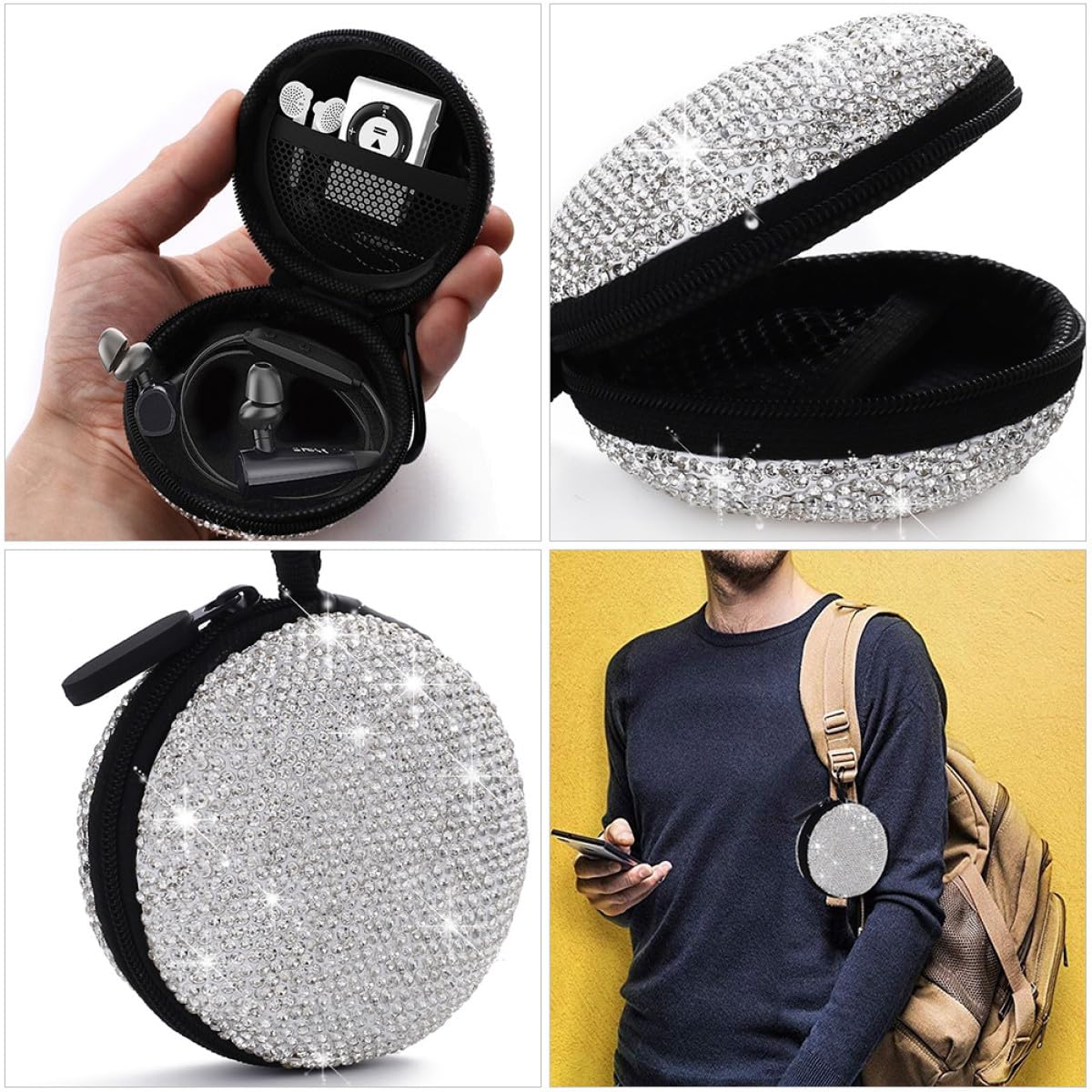 Toddmomy Custodia per Auricolari Wireless Strass, Resistente e Antiurto in Materiale Eva, Borsa Porta Cuffie Tonda Chiusura Lampo per Protezione e Trasporto Sicuro