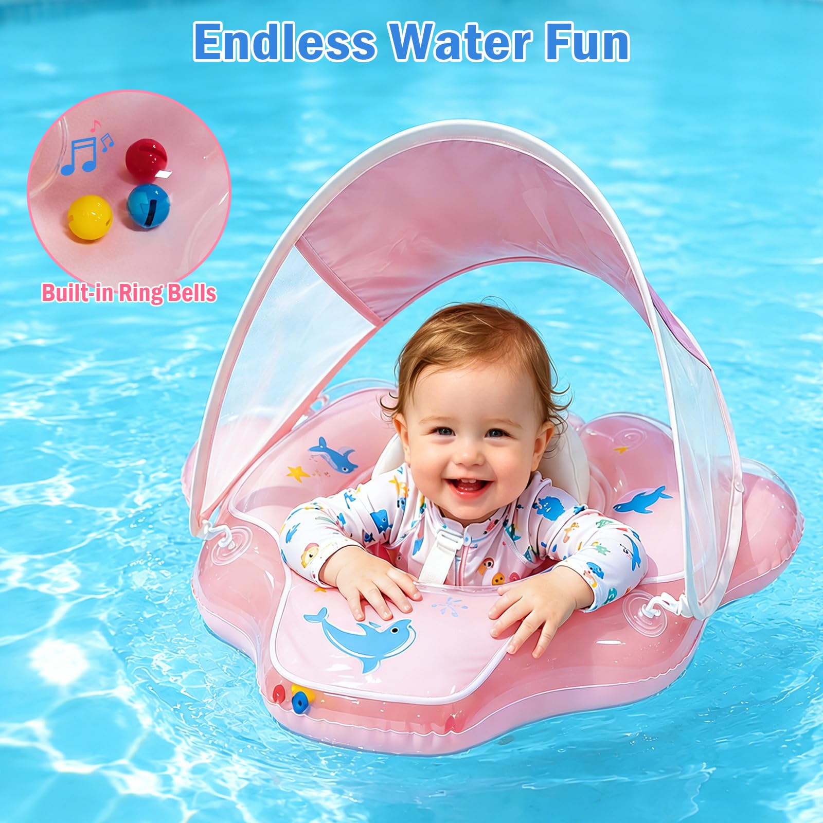Flotador de Bebé con Toldo Solar, Tiburón Rosa para Niños 12-36 Meses, Flotador de Piscina Hinchable con Cámaras Elevadas Antivuelco y Arnés de Seguridad
