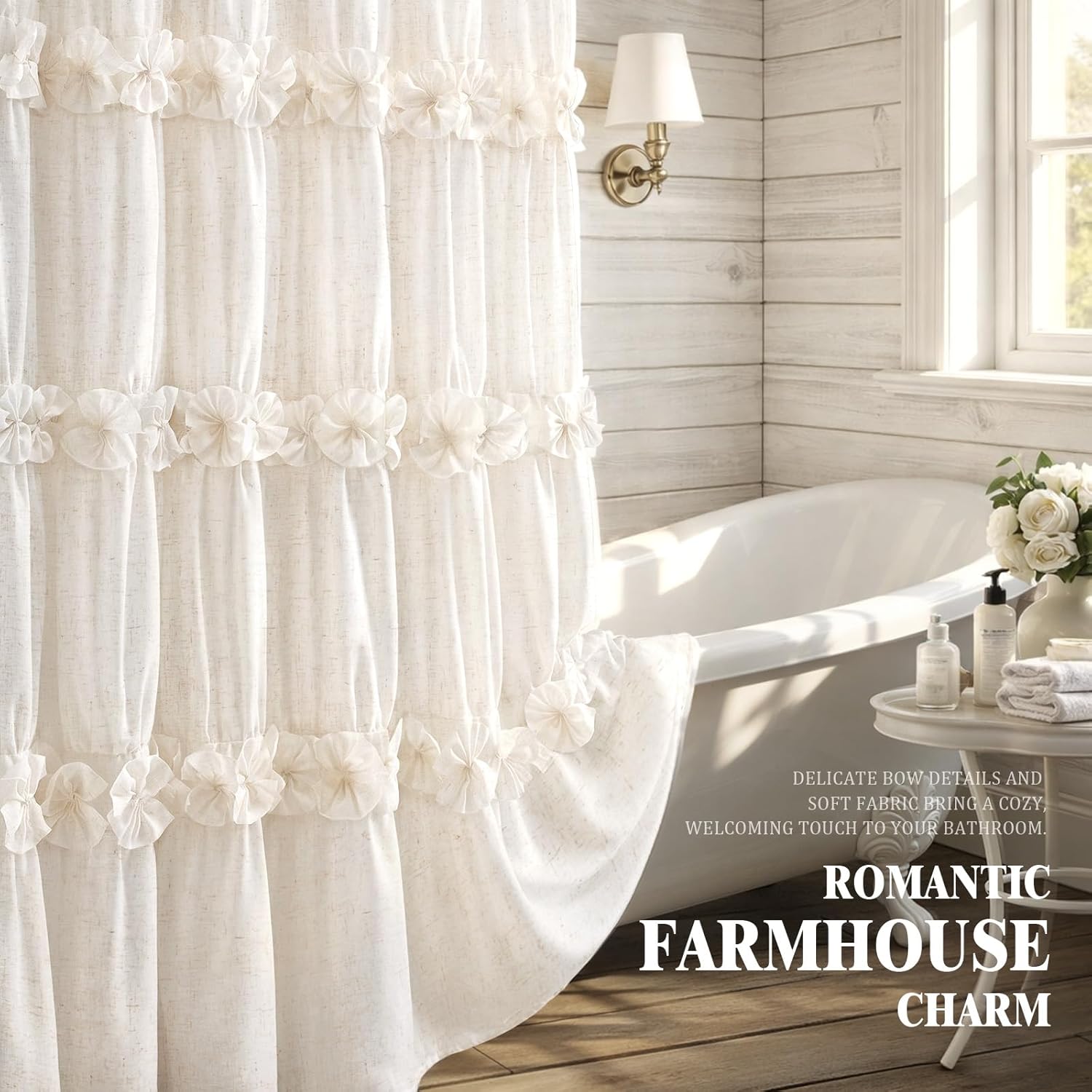 Ruffle Shower Curtain with Bow Vintage Farmhouse Linen Shower Curtain for Bathroom, Cream, 72" W x 78" H
