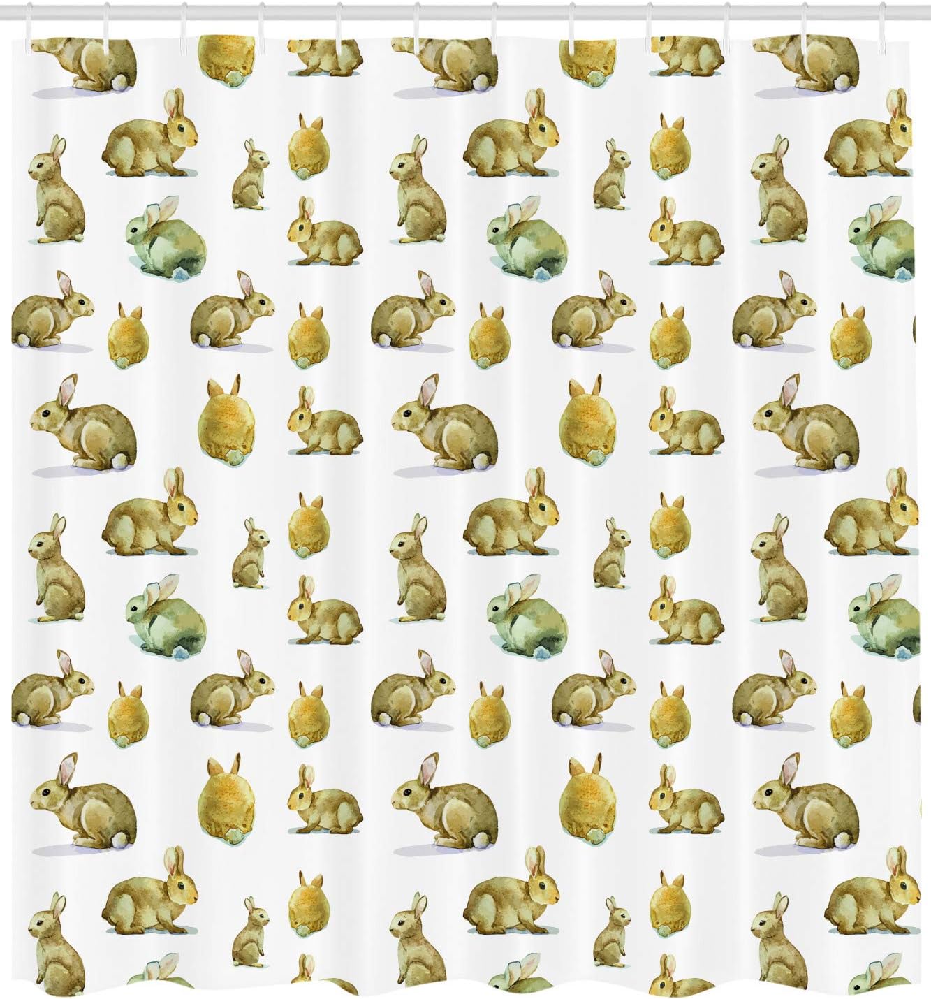 Ambesonne Watercolor Shower Curtain, Cute Furry Rabbit Bunny Pattern Easter Animals Domestic Fluffy Pets, Fabric Bathroom Decor Set with Hooks, 69" W x 84" L, Pale Brown Pale Yellow