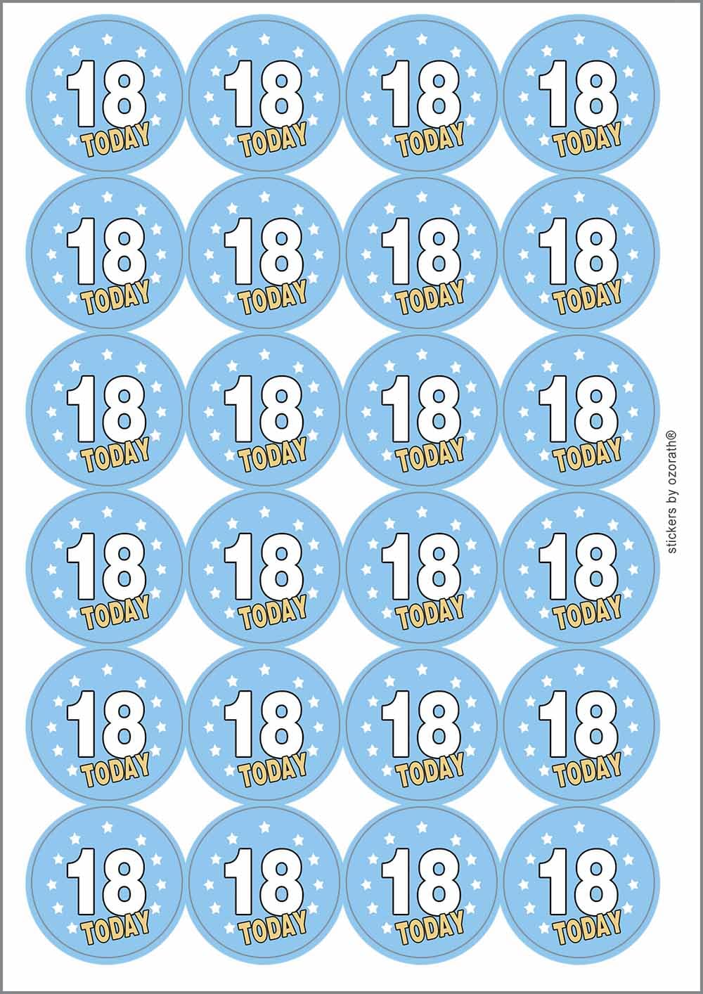18 Eighteen Eighteenth 18th Birthday Today Circular Matt Paper Stickers A4 Sheet of 24 (Each Sticker is 45mm Diameter)