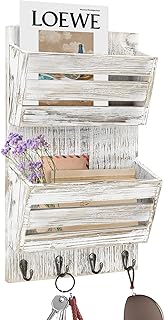 Rustic Mail Organizer Wall Mounted, Wood Mail Holder with 4 Key Hooks, 2-Slot Mail Organizer and Key Holder for Wall, Entr...