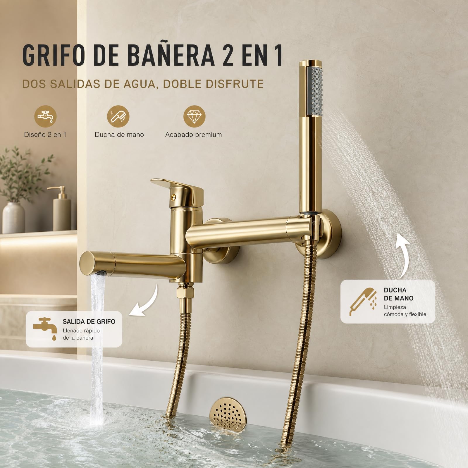 Grifo de bañera y ducha monomando dorado con ducha de mano, latón