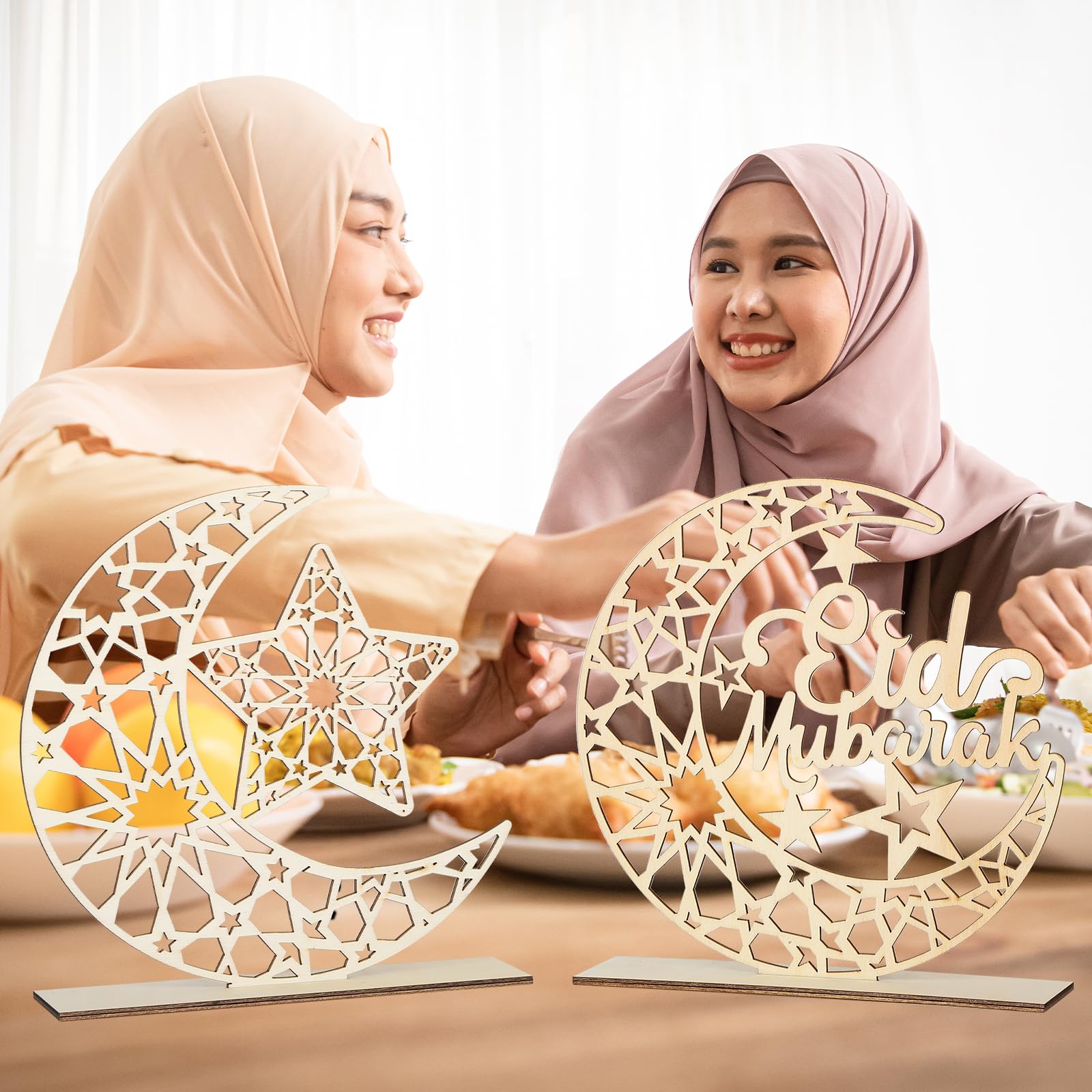 2 Decorazioni Murali In Legno Per Ramadan Mubarak - Cartelli Con Luna, Stella E Castelli, Oro, 42x21 Cm, Per Porta E Parete, Feste Islamiche