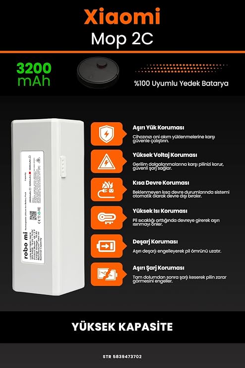 robo mi Robot Süpürge Bataryası Xiaomi Mi Vacuum Mop 2C Uyumlu 3200mAh BOX